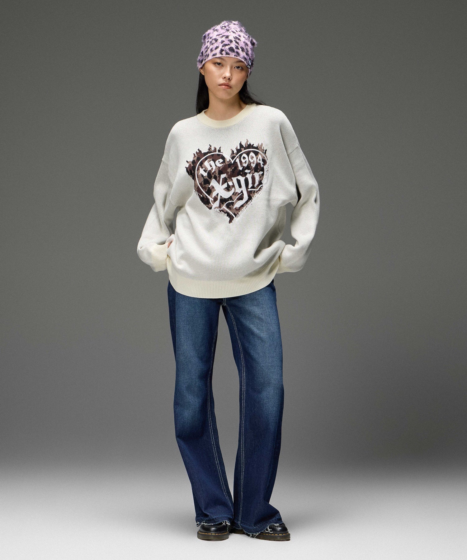 LEOPARD HEART LOGO JACQURD KNIT TOP