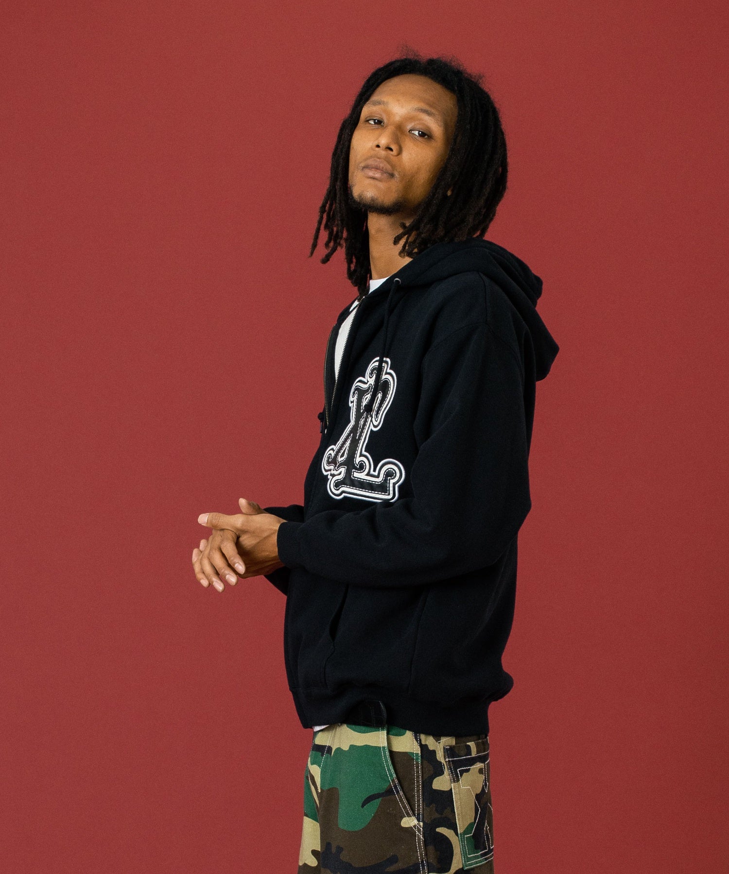 PATCHED THERMAL ZIP UP HOODED SWEATSHIRT