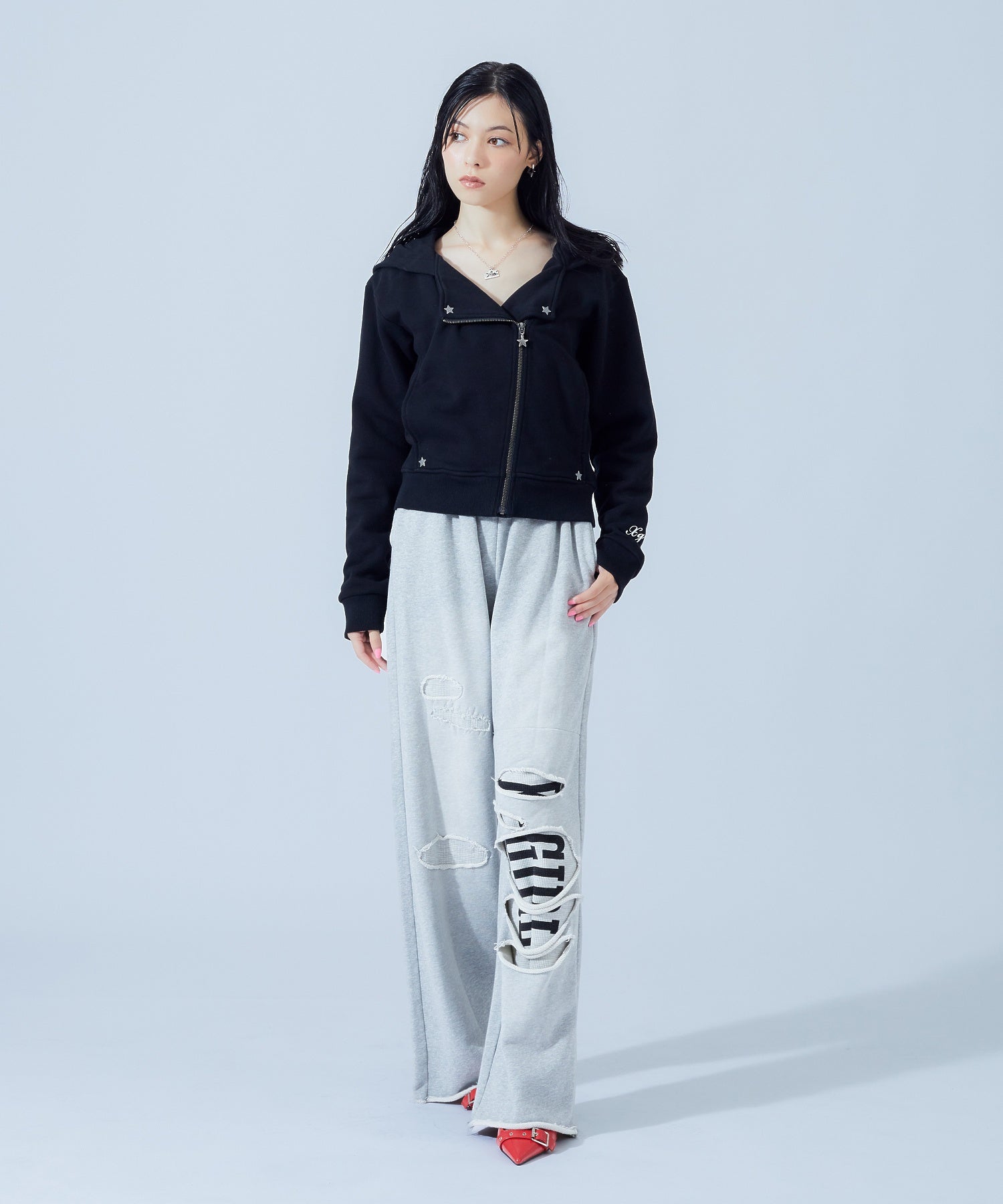 DOUBLE COLLAR ZIP UP SWEAT HOODIE
