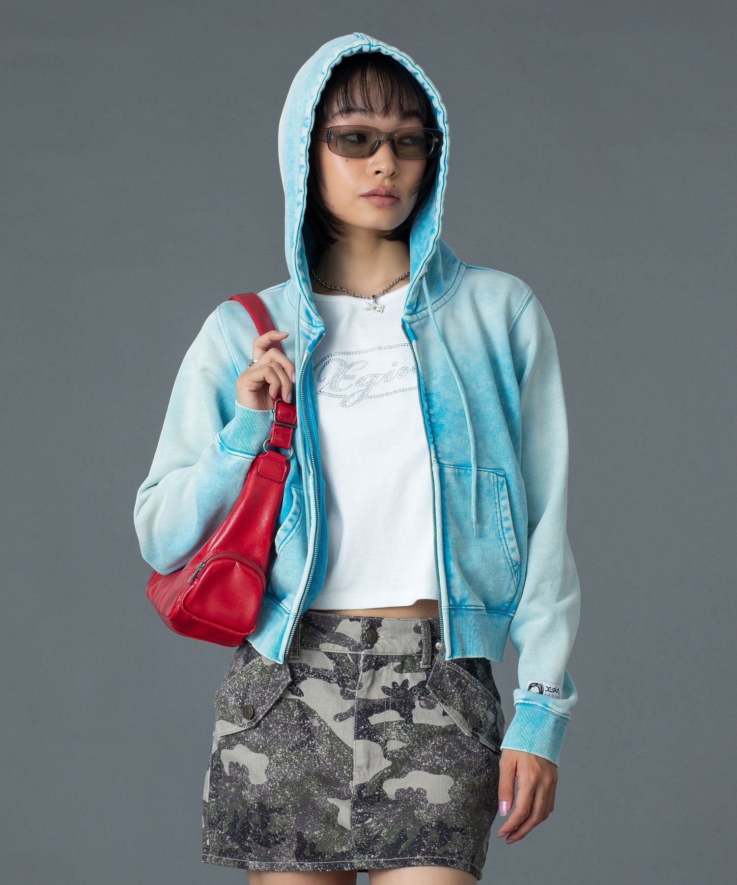 FACE LABEL WASHED COMPACT ZIP UP SWEAT HOODIE