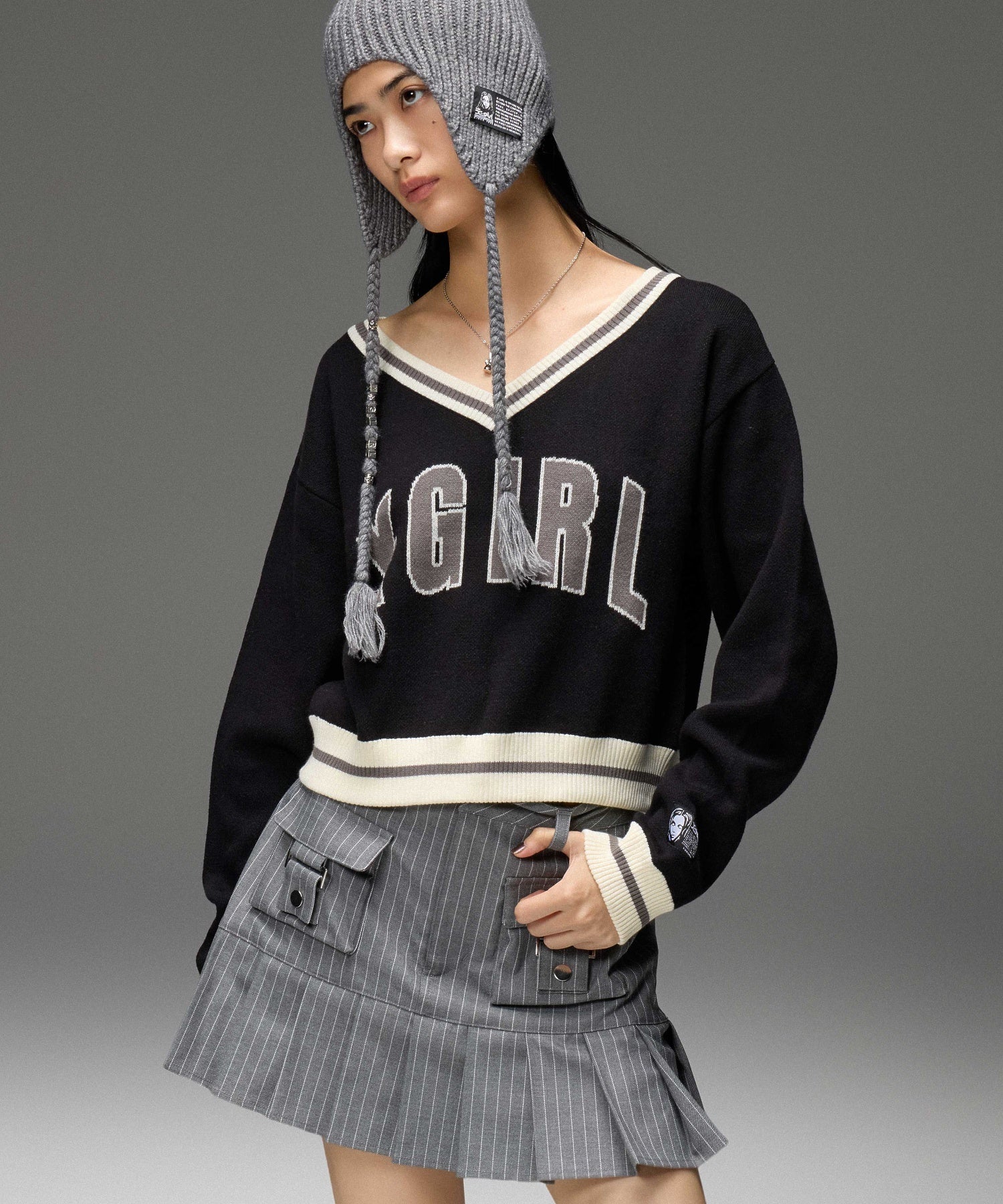 STRIPE PLEATS HEM MINI SKIRT