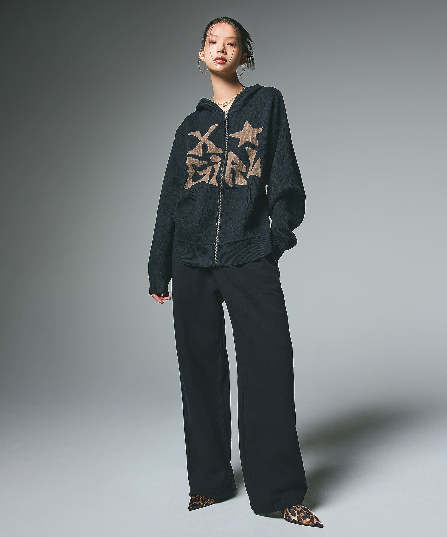 JACQUARD KNIT ZIP UP HOODIE