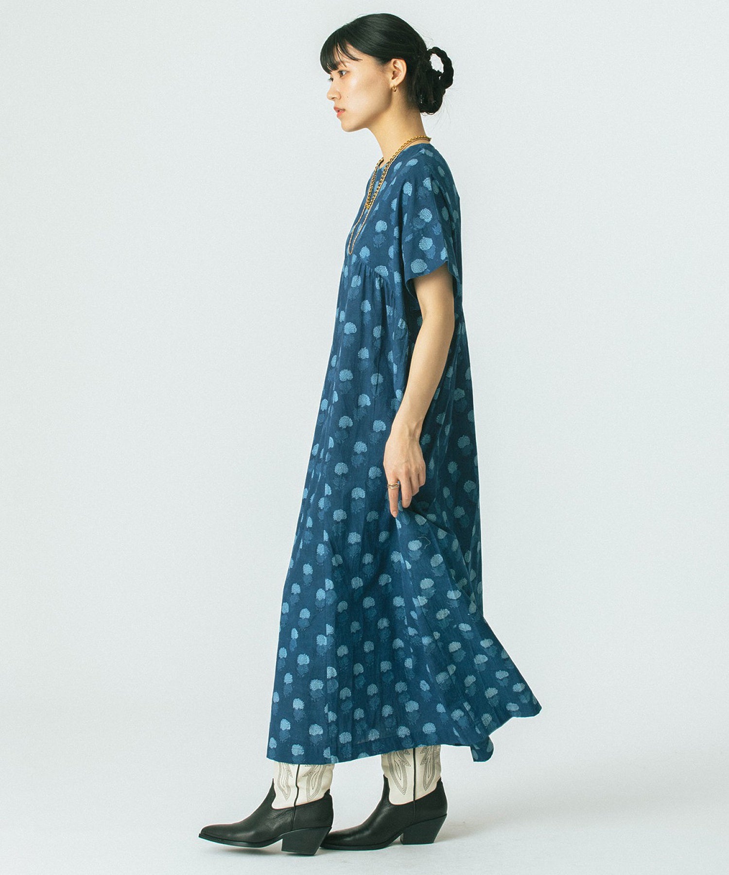 GENE HEAVENS/INDIGO FLOWER SMOCK DRESS