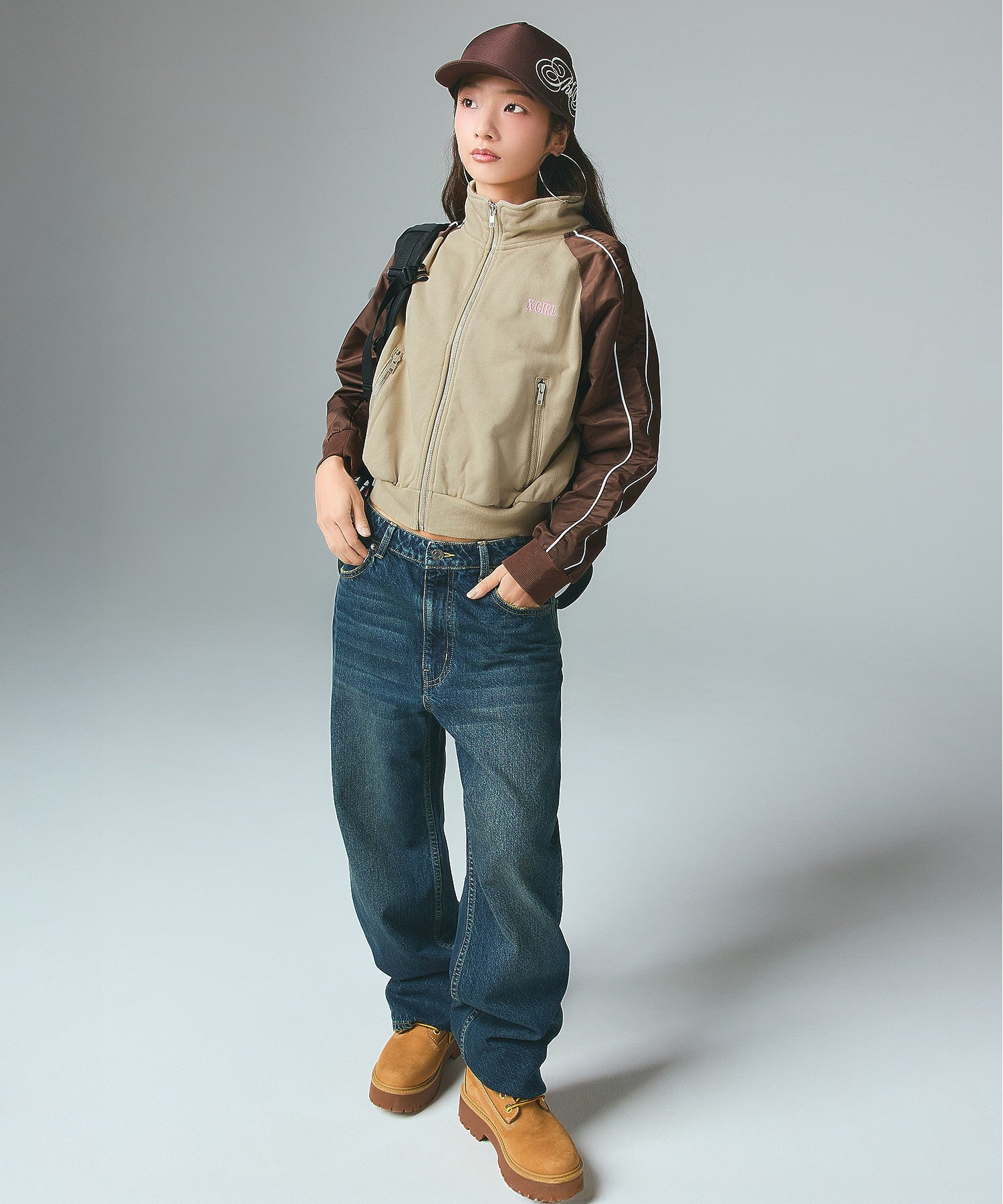 WOVEN MIX SWEAT ZIP UP TOP