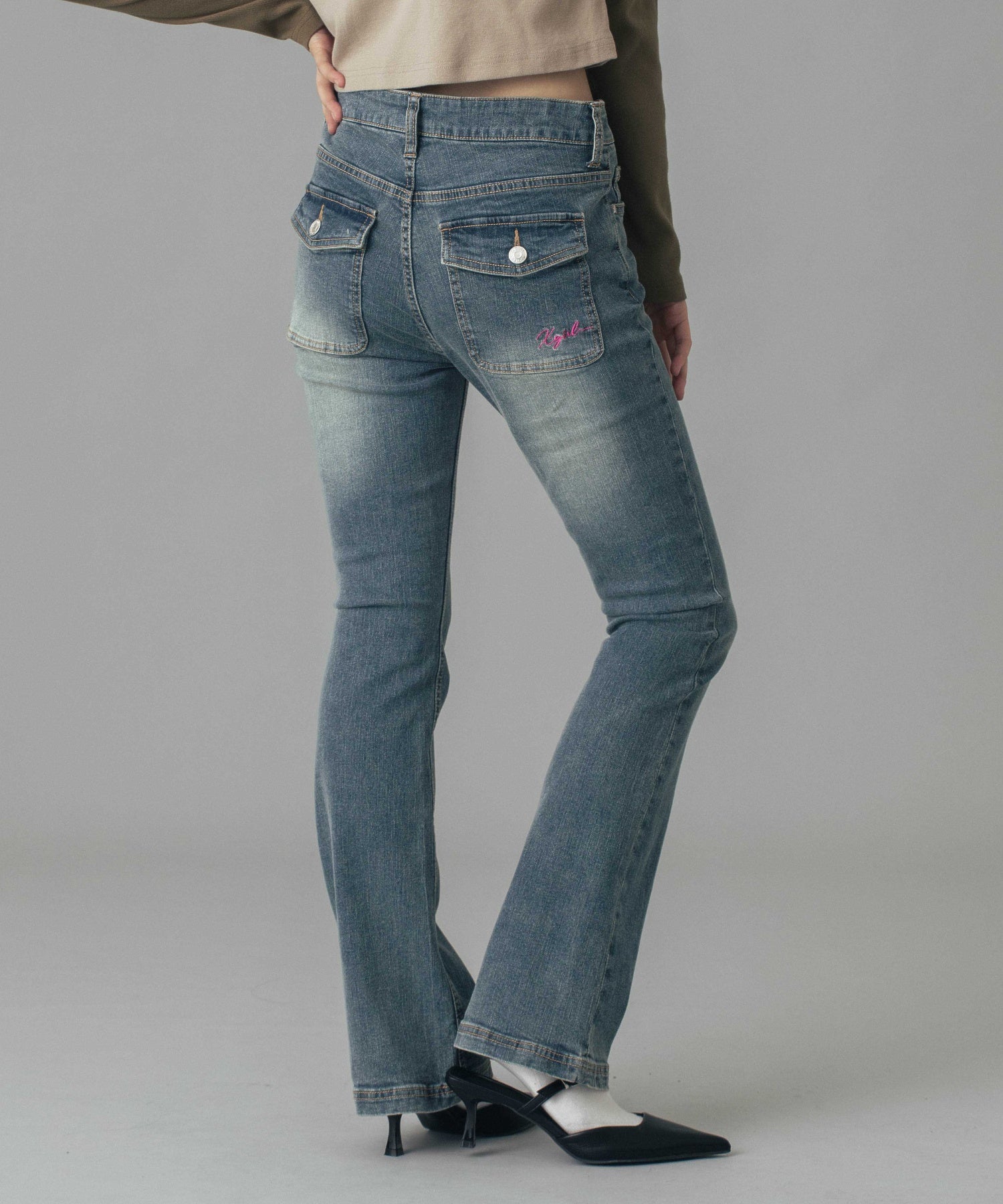 LOW RISE FLARE SKINNY DENIM PANTS