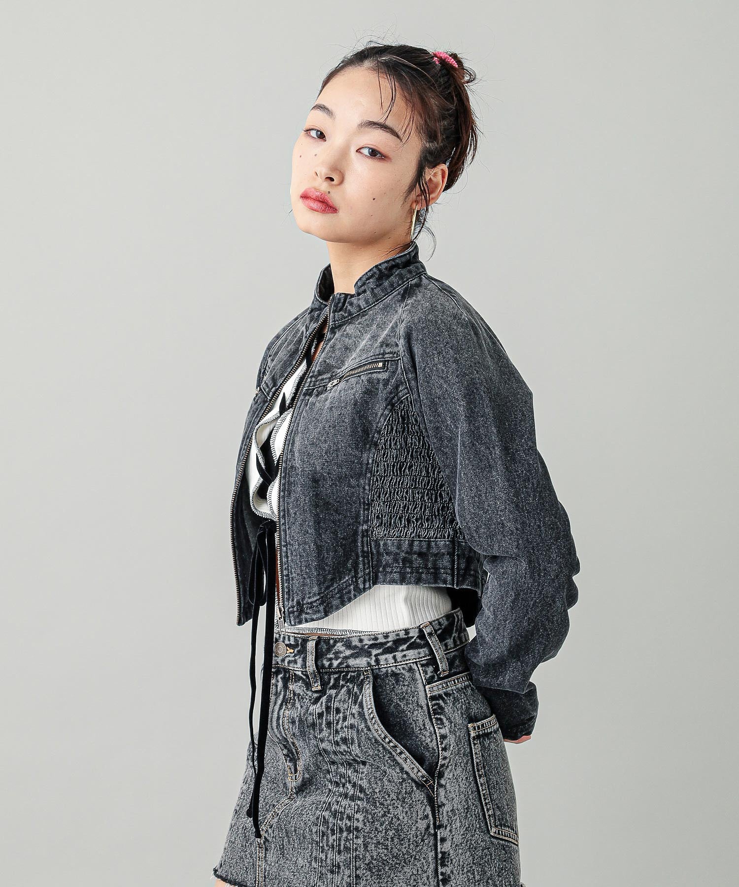 ZIP UP STAND COLLAR DENIM JACKET