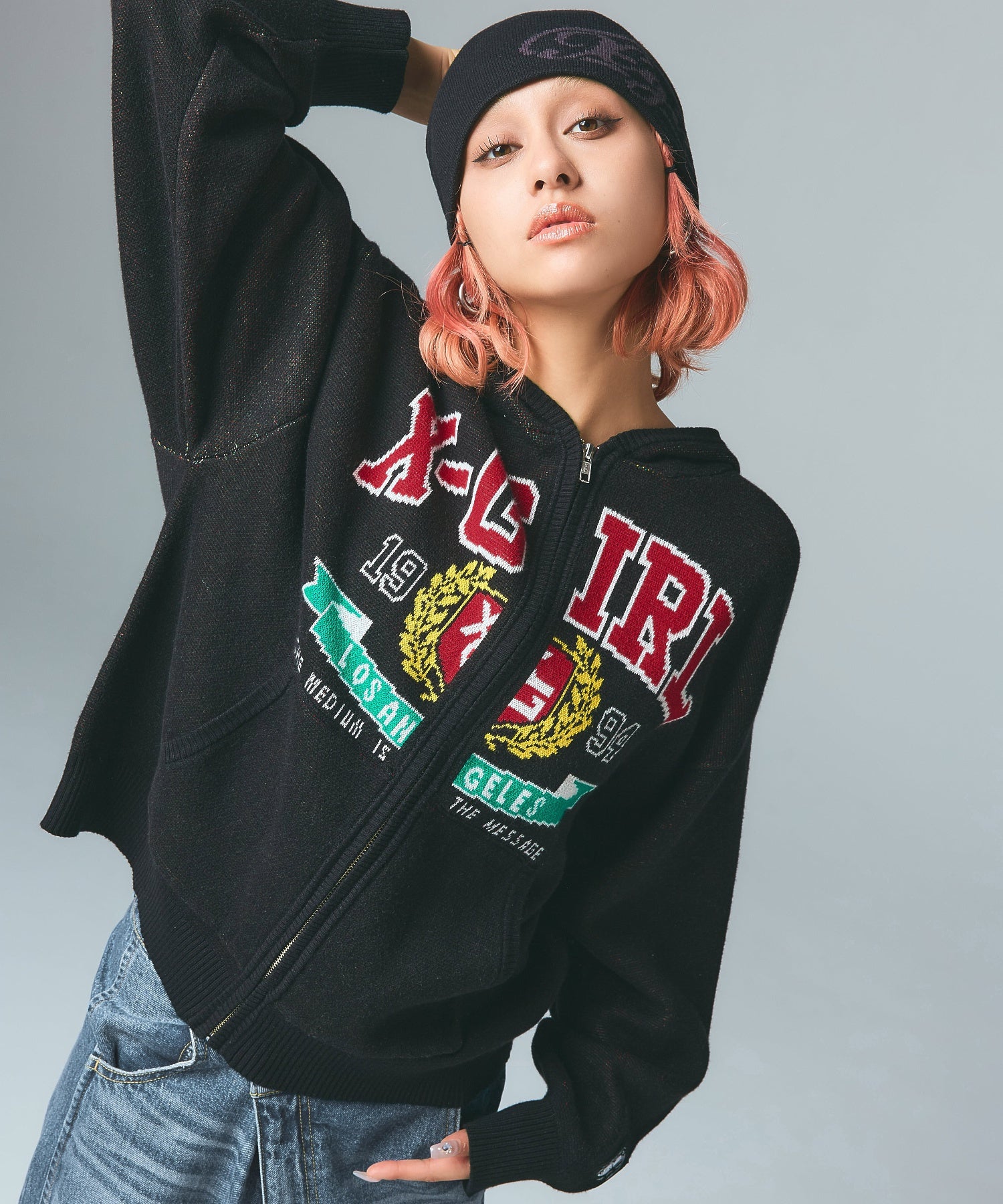 COLLEGE LOGO JACQUARD ZIP UP KNIT HOODIE