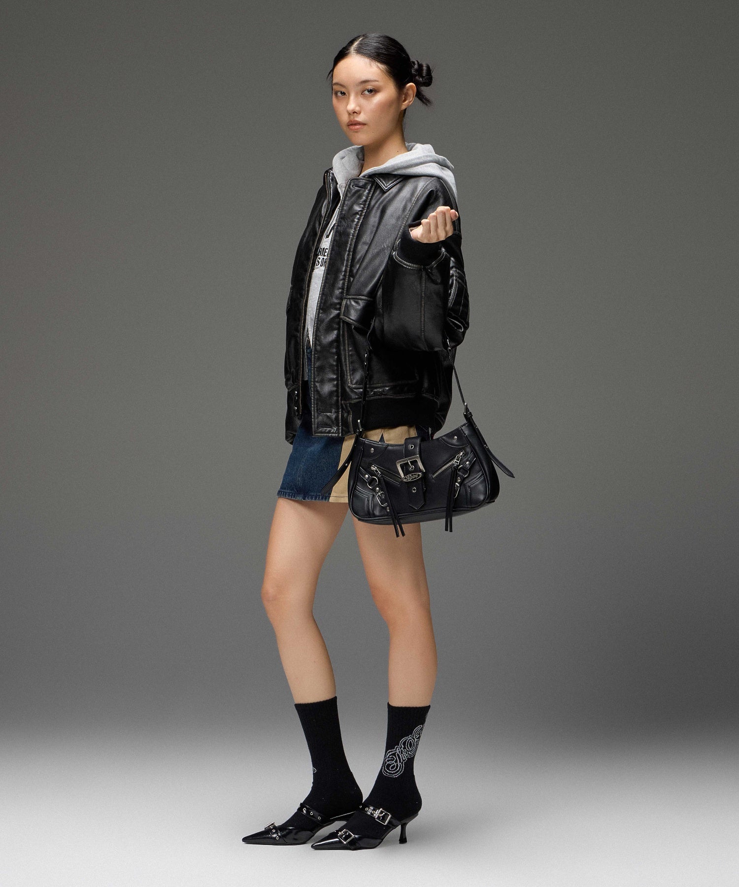 CONTRAST PANELED DENIM MINI SKIRT
