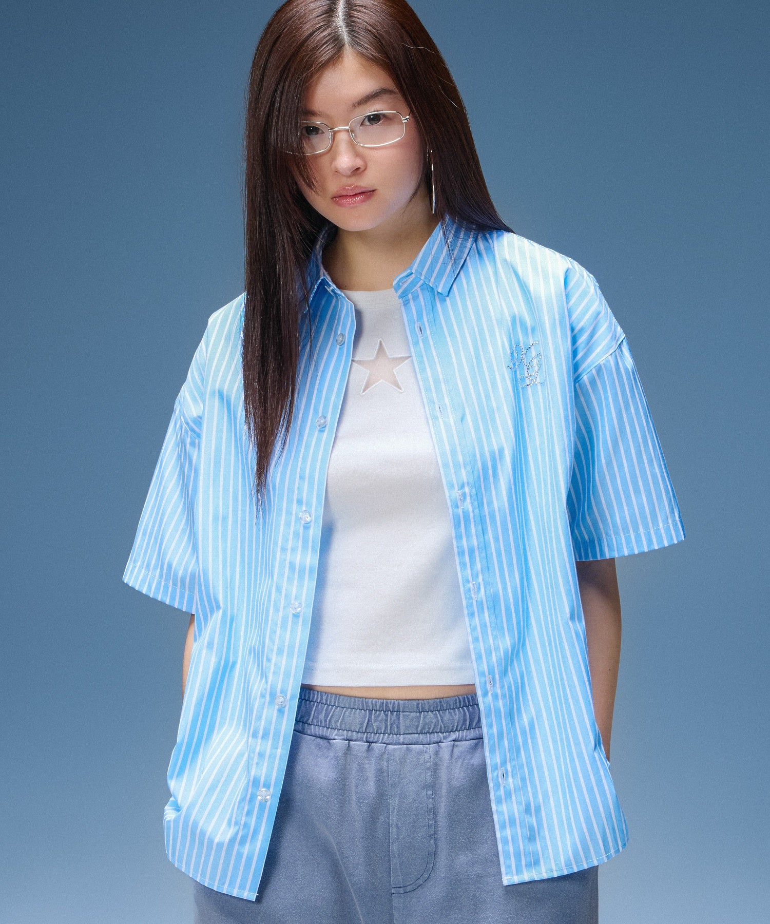 STRIPED RHINESTONE S/S SHIRT