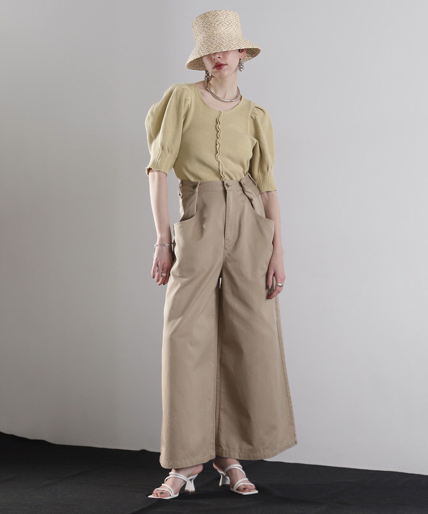 mici/ボリュームスリーブワッフルトップス