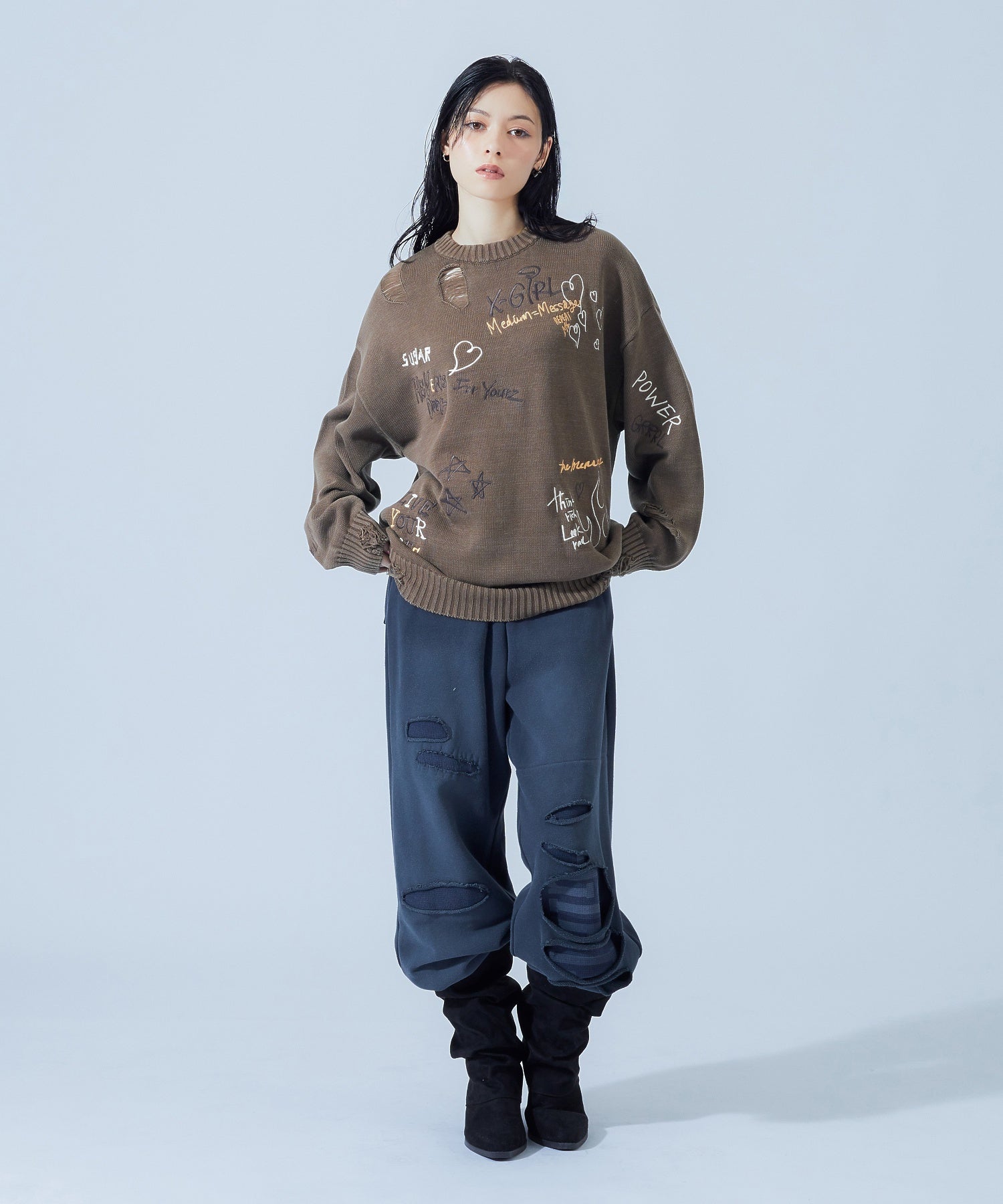 GRAFFITI LOGO DISTRESSED KNIT TOP