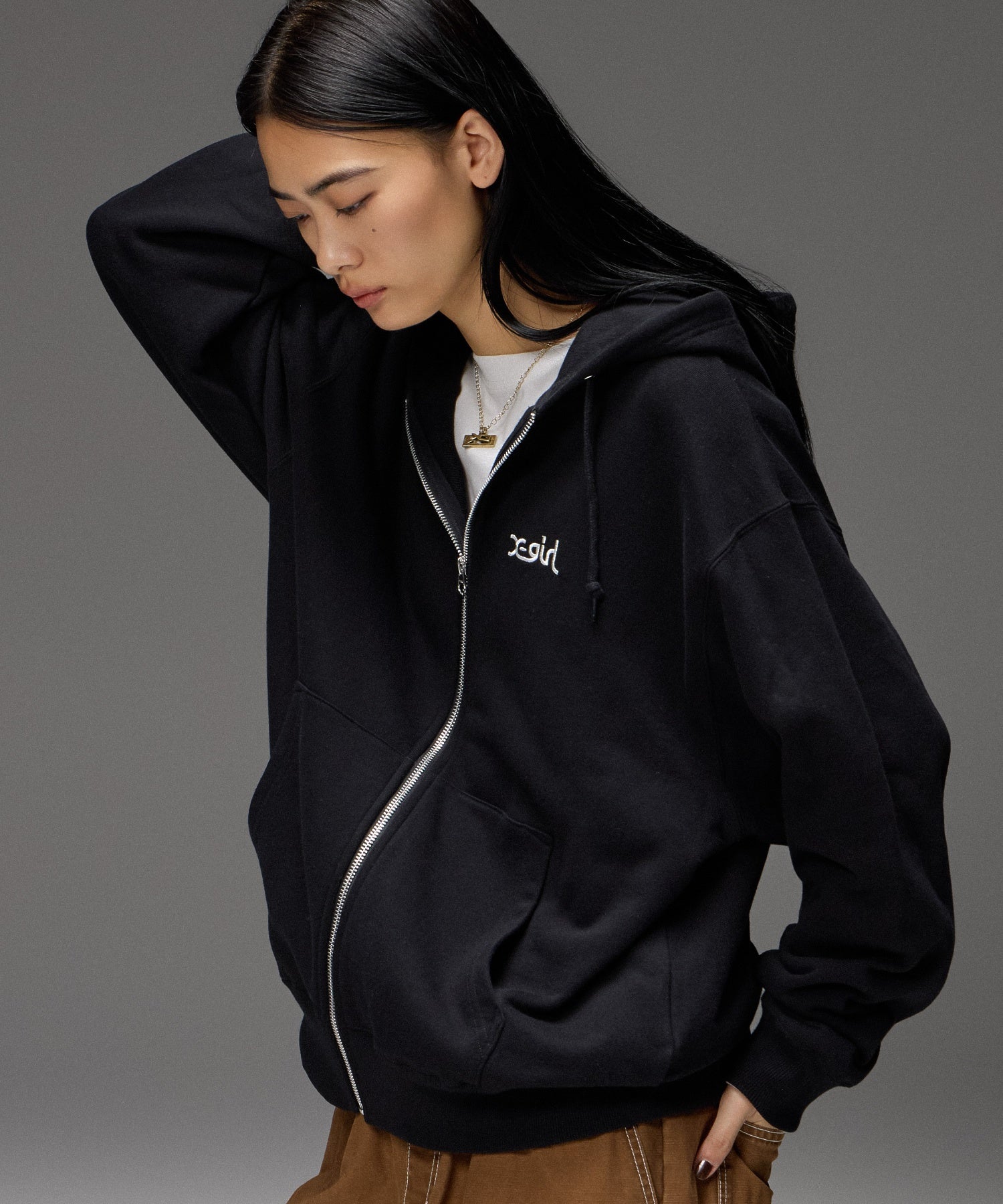 PLAID PATTERN FACE PATCH ZIP UP SWEAT HOODIE
