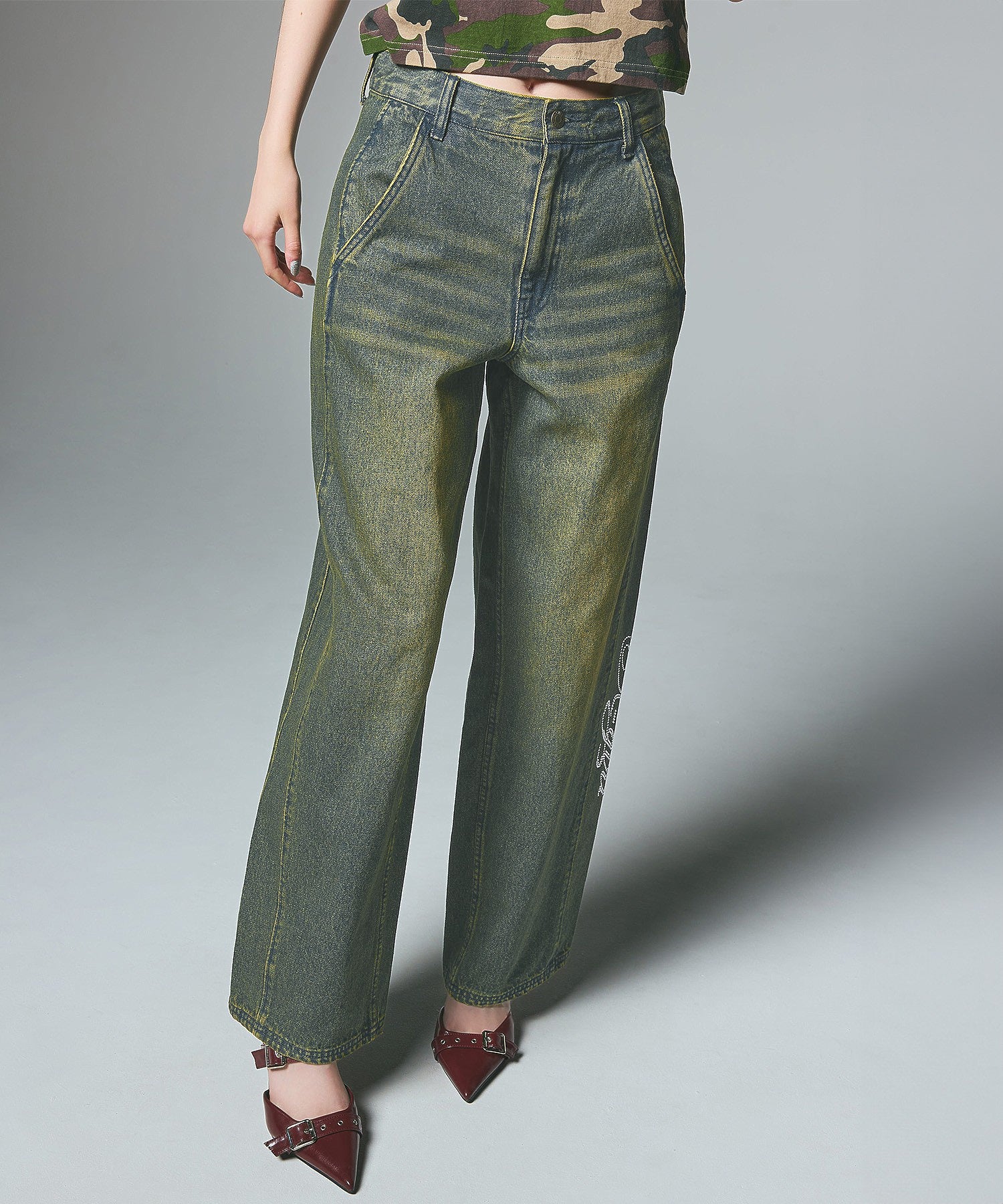 RHINESTONE LOGO LOOSE DENIM PANTS