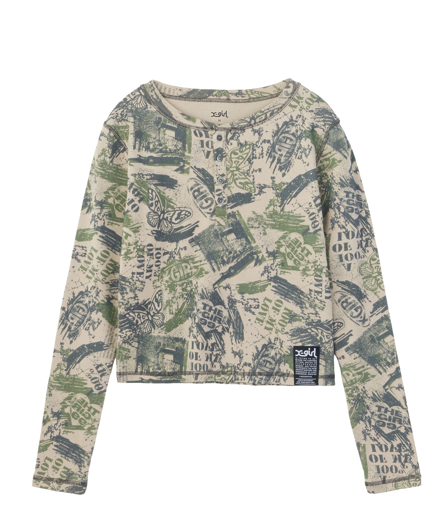 BRUSHED COLLAGE GRAPHIC HENLEY NECK L/S COMPACT TOP