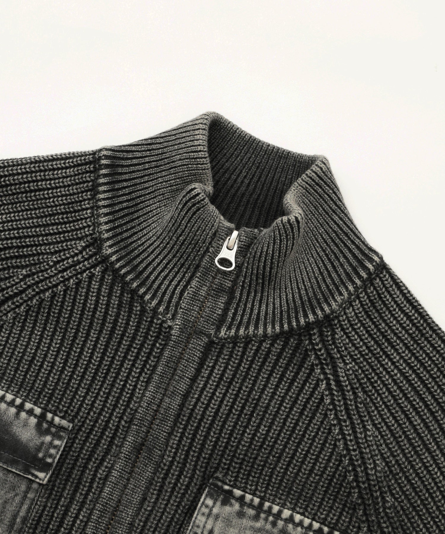 FADED WOVEN MIX ZIP UP KNIT TOP