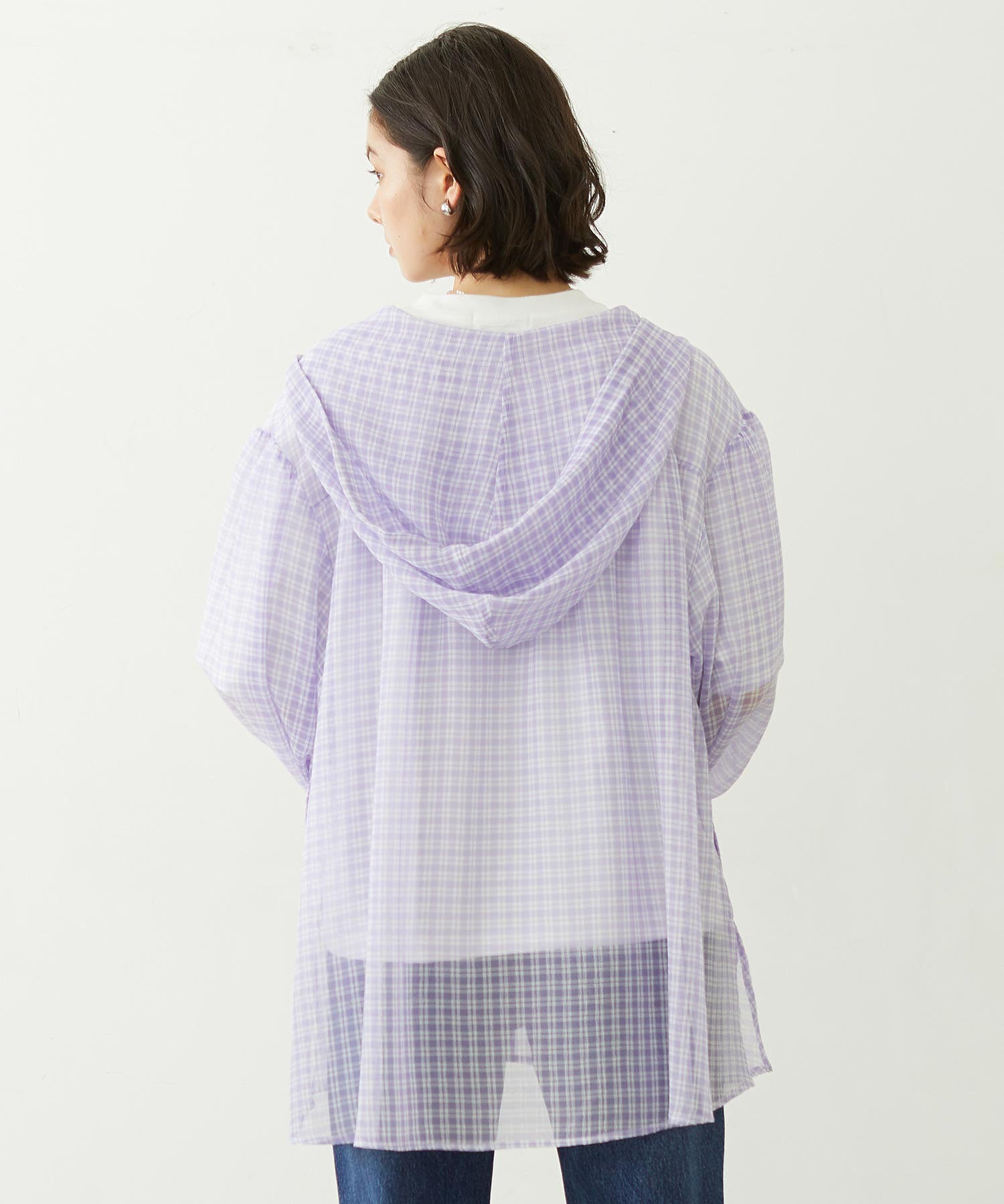 SHEER PLAID HOODED TOP