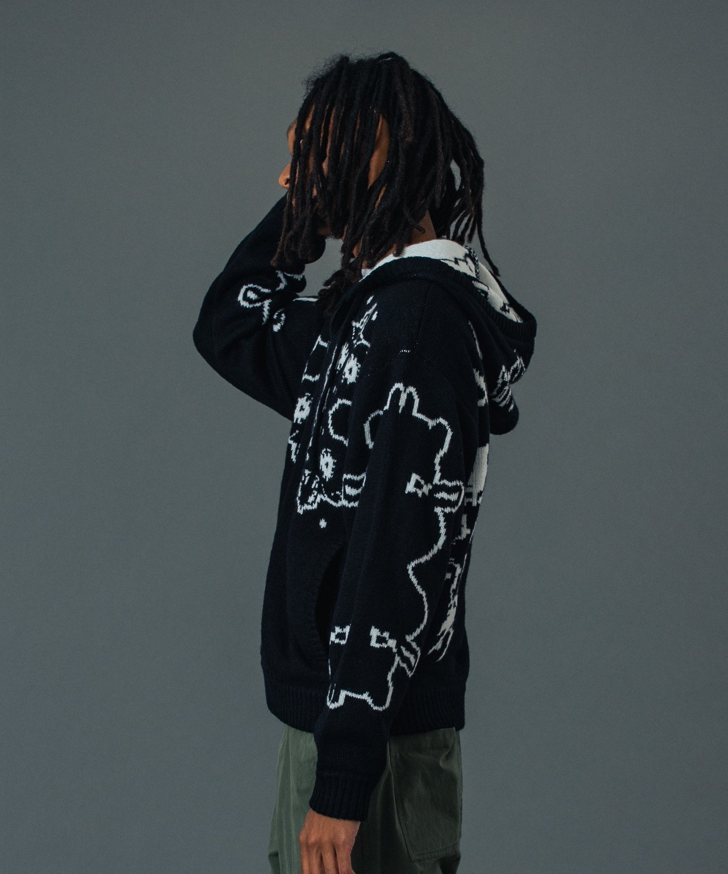 JACQUARD FUZZY ZIP UP HOODED SWEATER