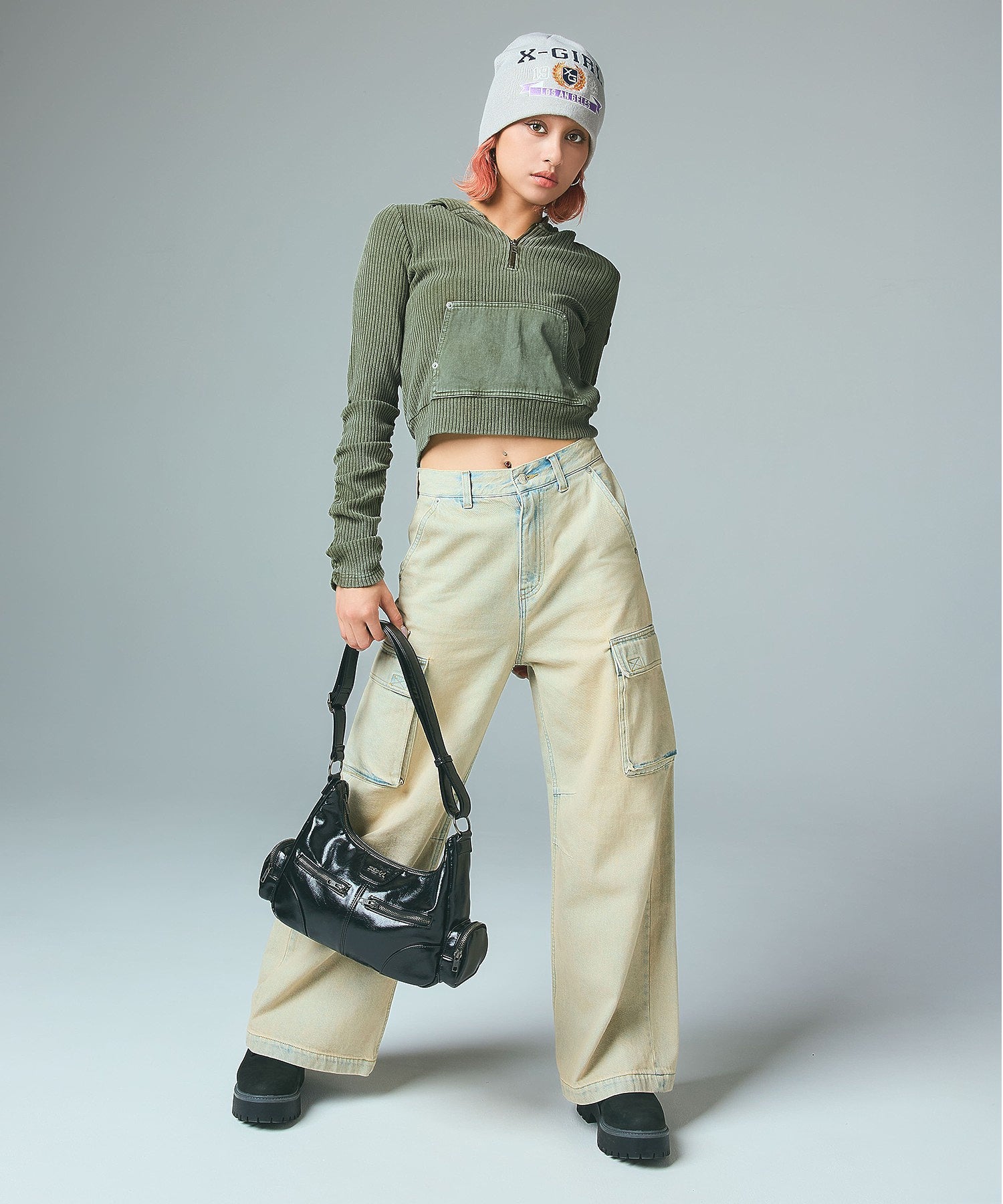 FADED WOVEN MIX HALF ZIP HOODED TOP