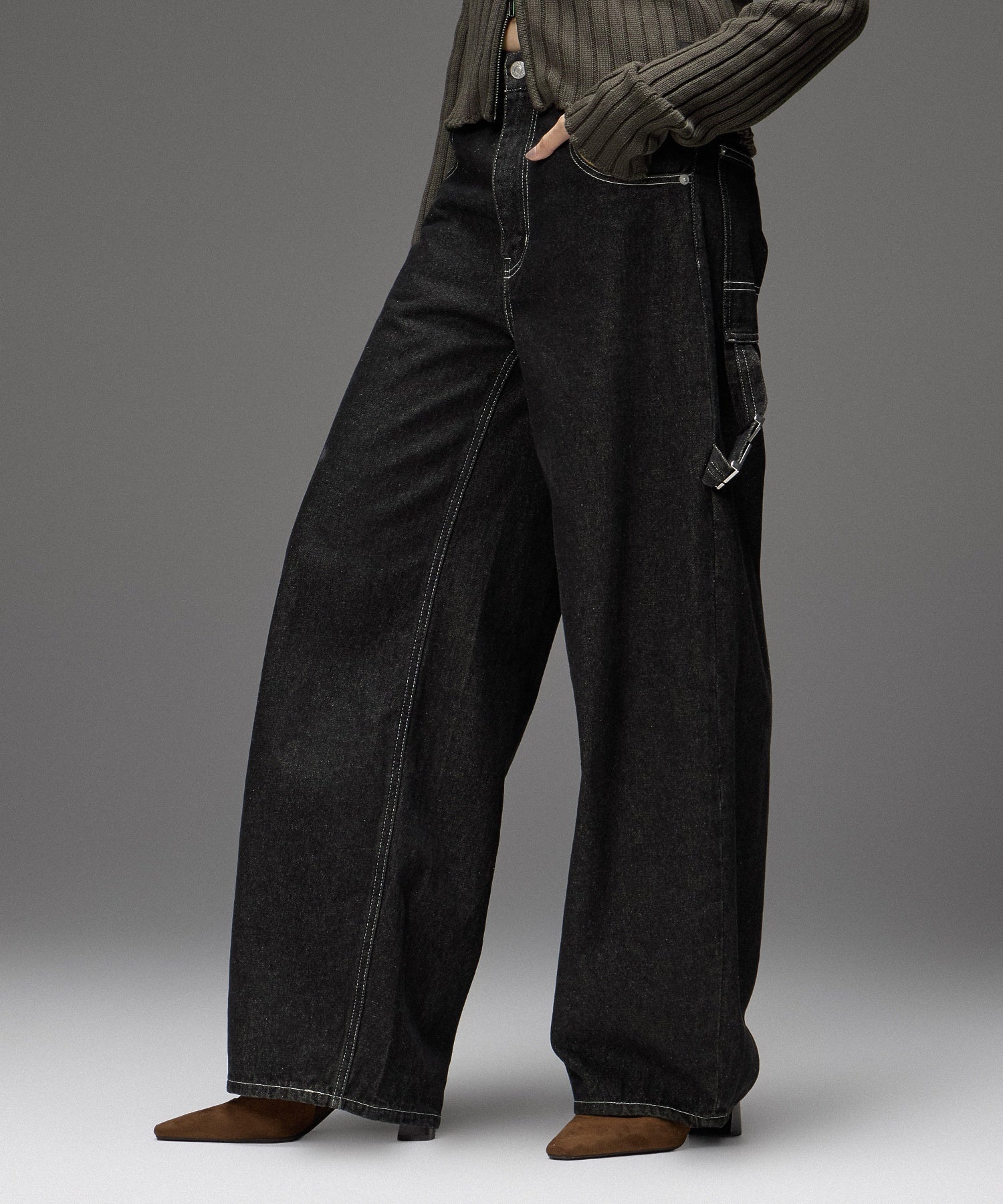 LOOP WITH BUCKLE WIDE LEG DENIM PANTS