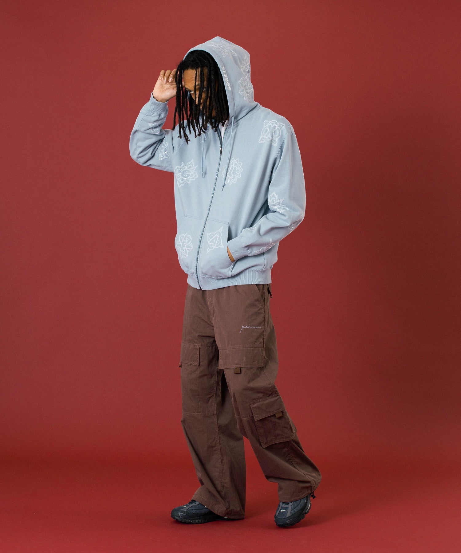 ALLOVER EMBROIDERY ZIP UP HOODED SWEATSHIRT