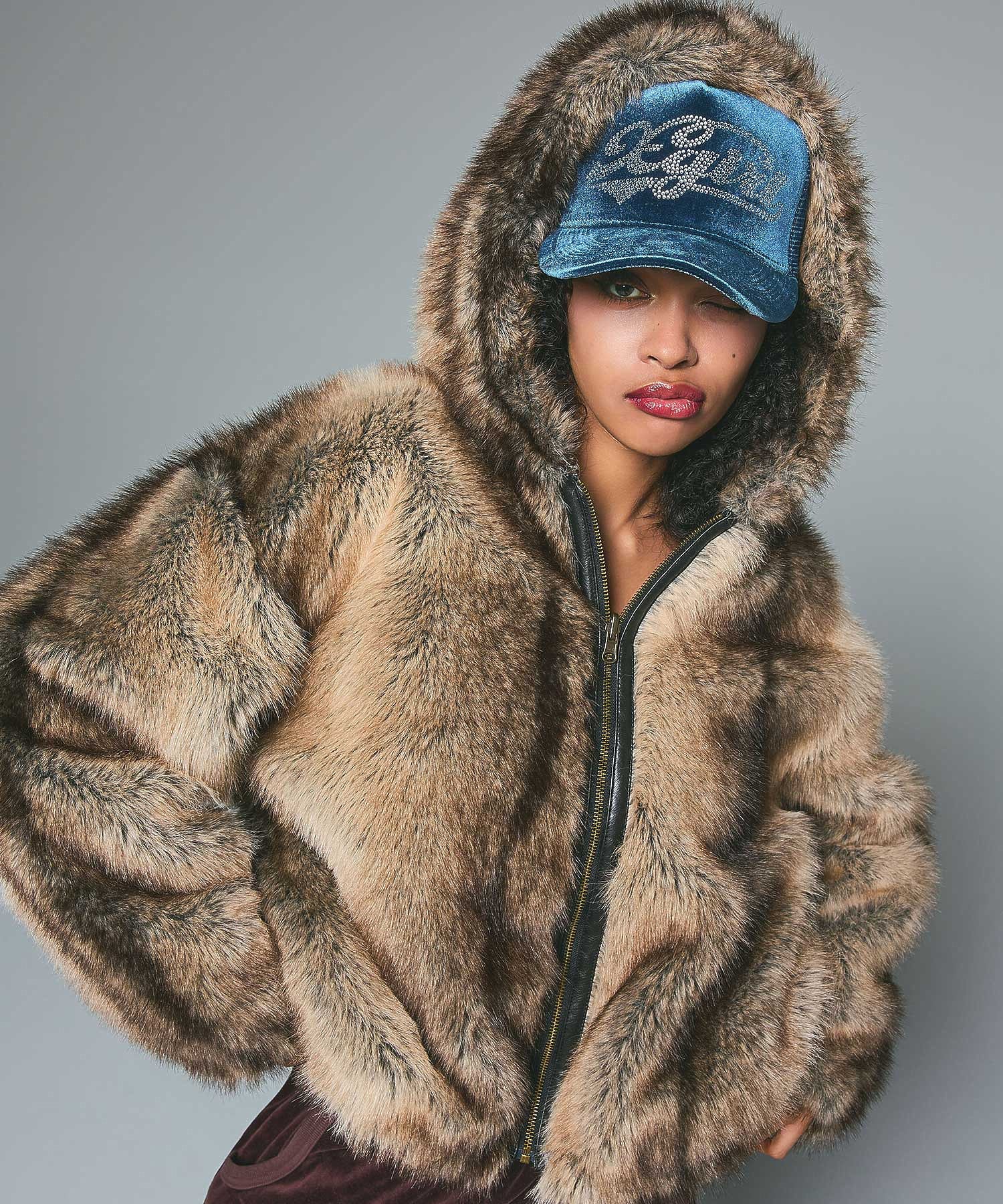 LOGO PATCHED FAUX FUR HOODED JACKET
