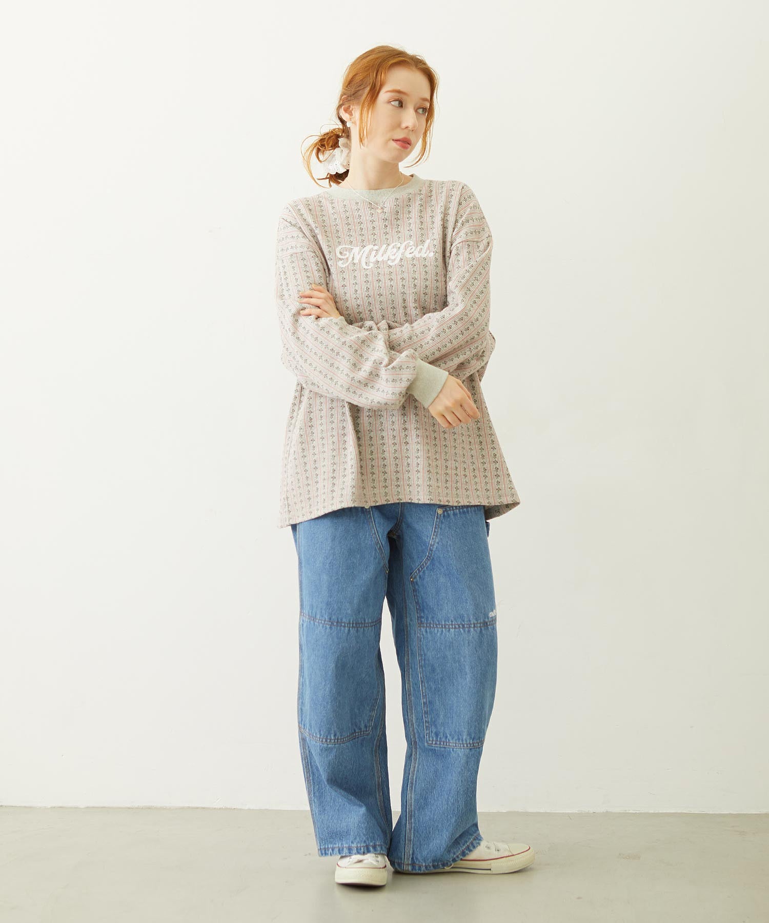 STRIPED FLOWER WAFFLE L/S TOP