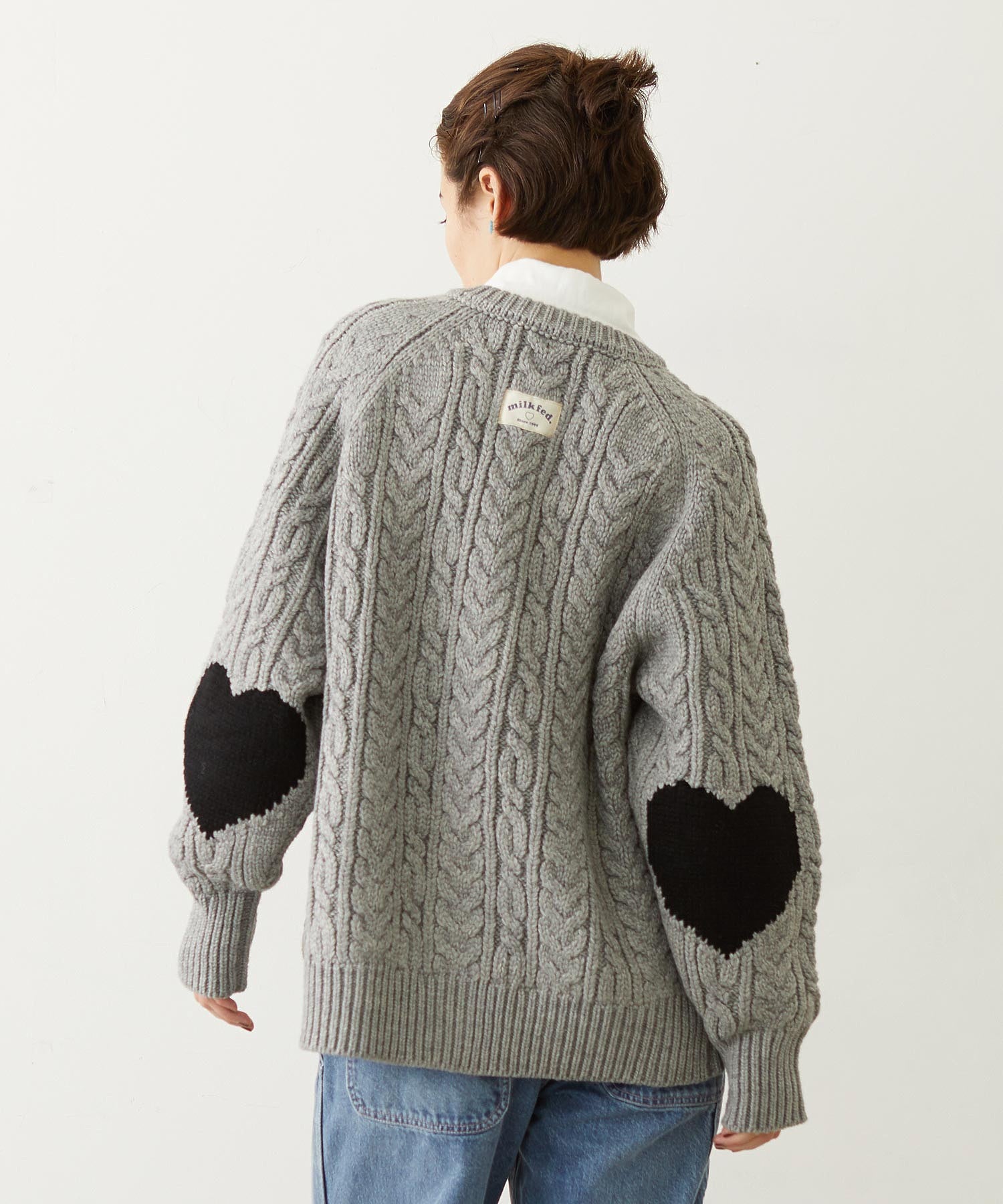 HEART ELBOW CABLE KNIT CARDIGAN