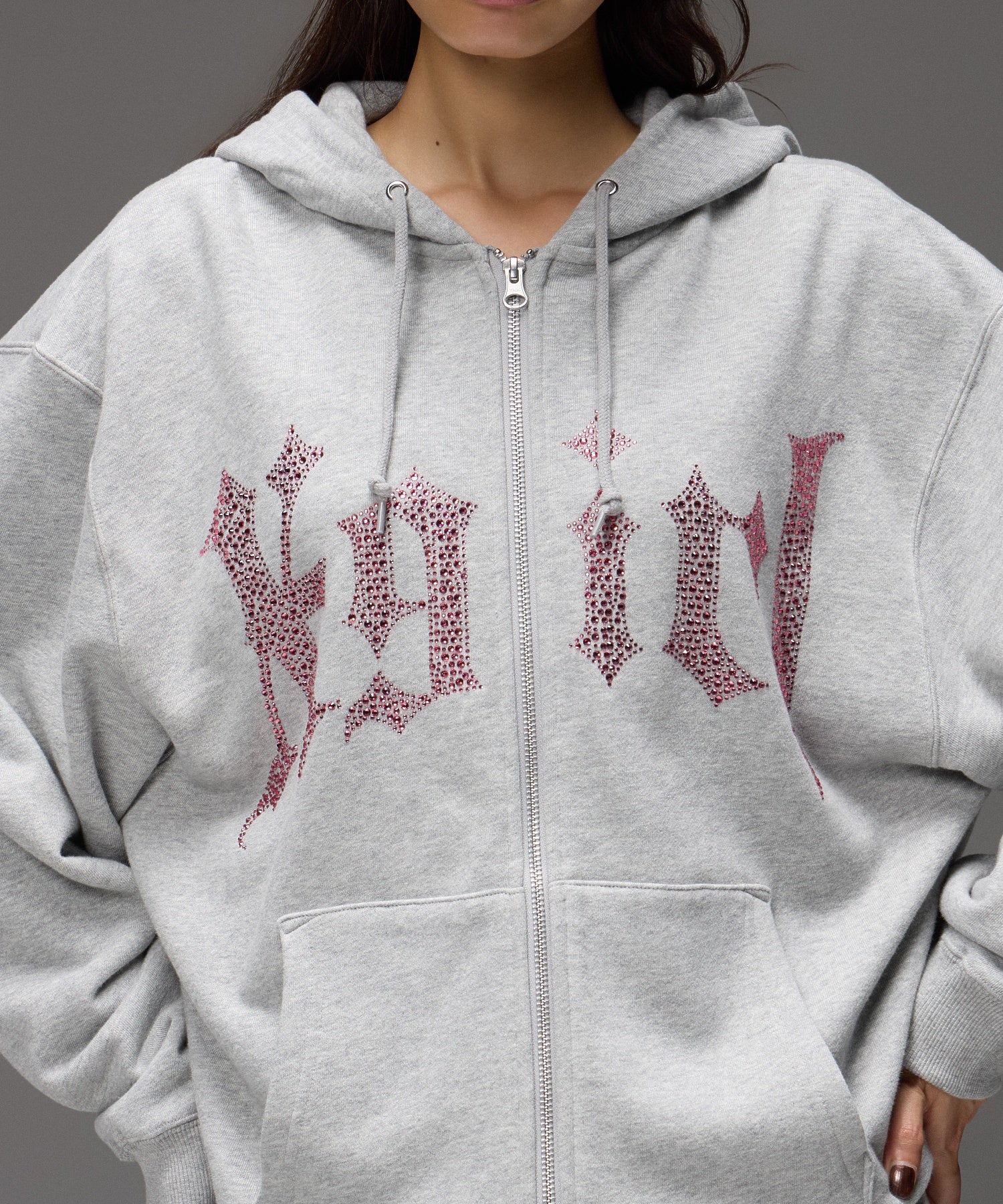 RHINESTONE BLACKLETTER LOGO ZIP UP SWEAT HOODIE