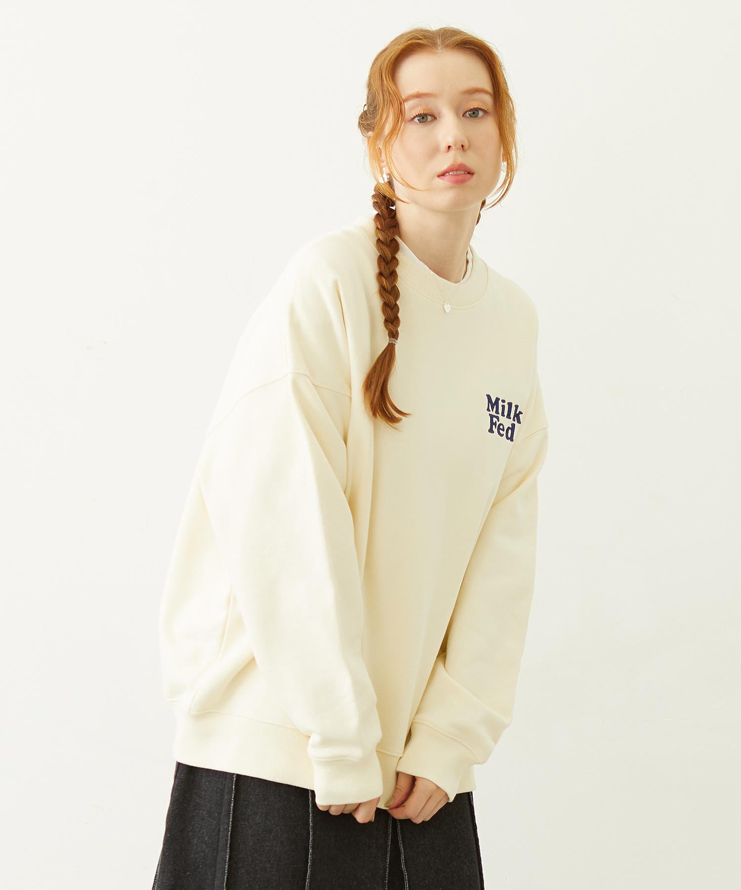 MILKFED. PLAID LOGO WIDE CREW SWEAT