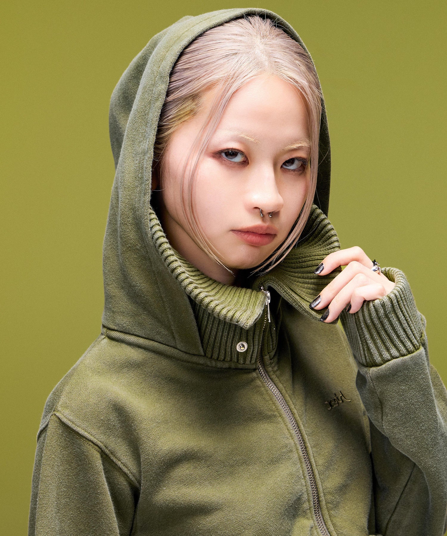 FADED SWEAT AND RIB ZIP UP COMPACT HOODIE