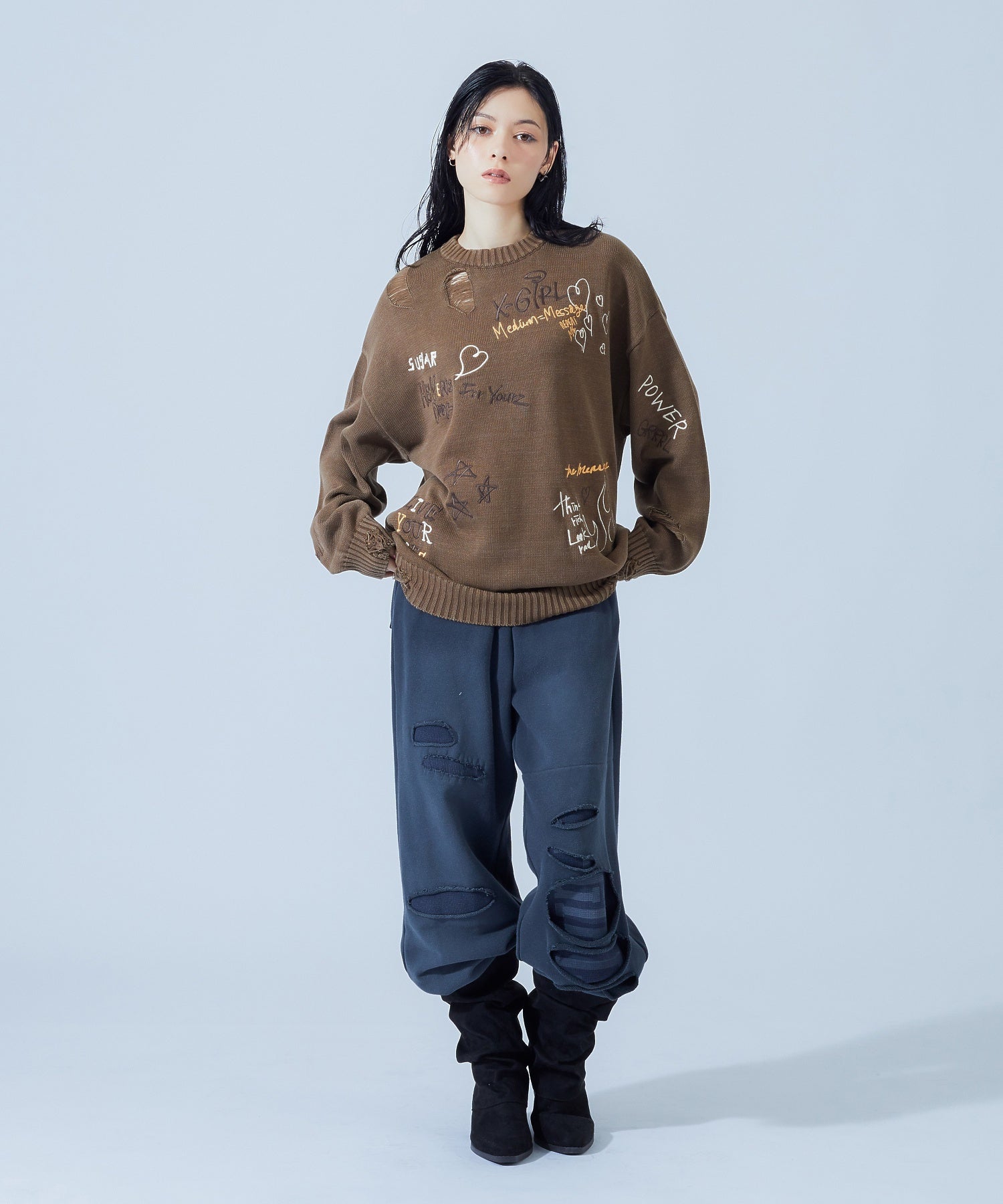 GRAFFITI LOGO DISTRESSED KNIT TOP
