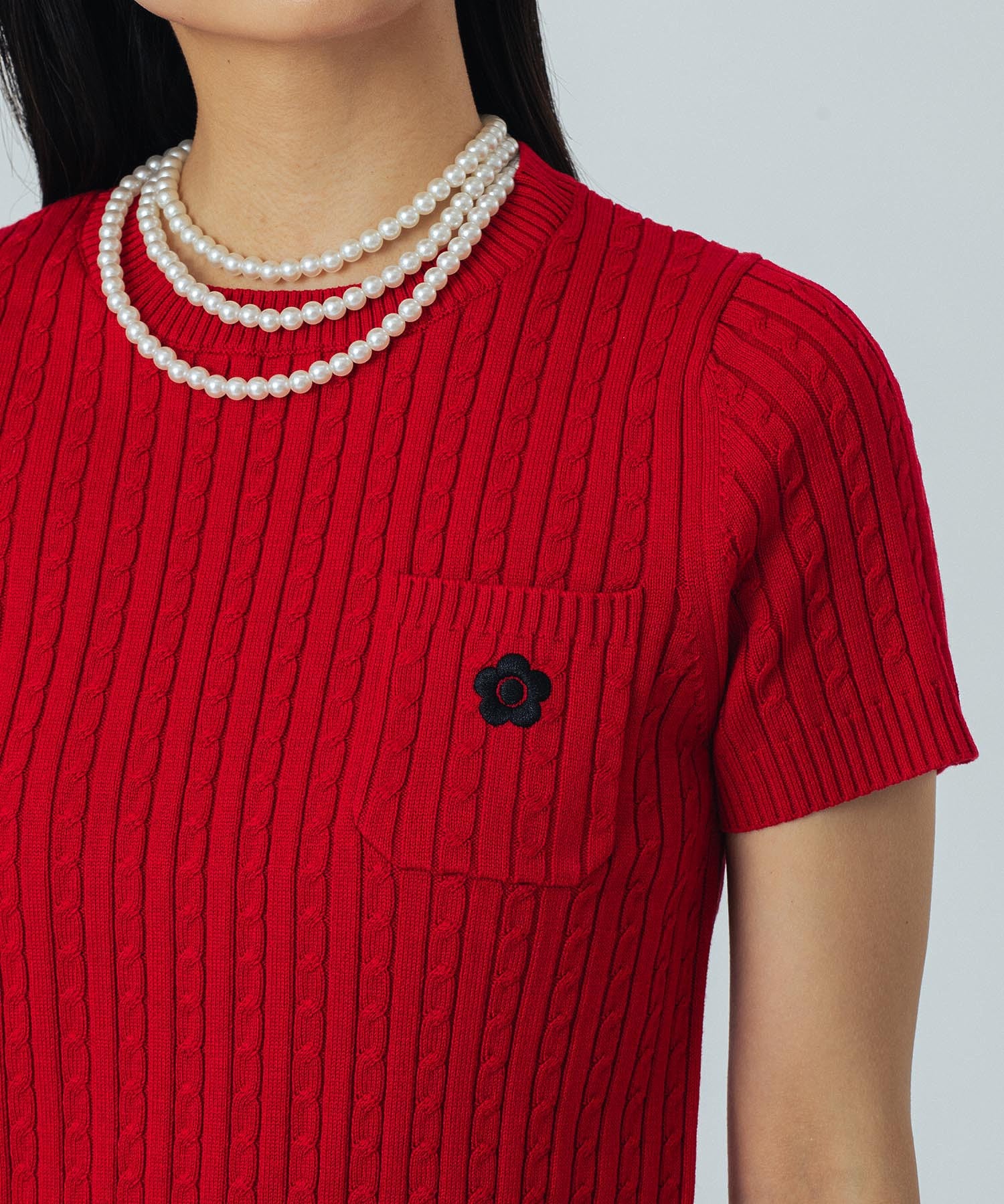 【レッドROSE BUD別注カラー】MARY QUANT/CABLE HALF SLEEVE KNIT