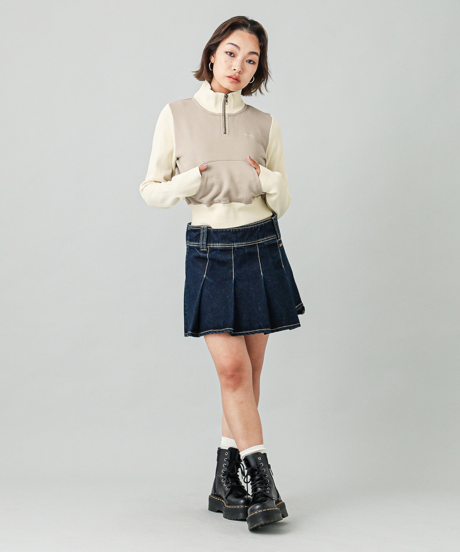 PLEATED DENIM MINI SKIRT