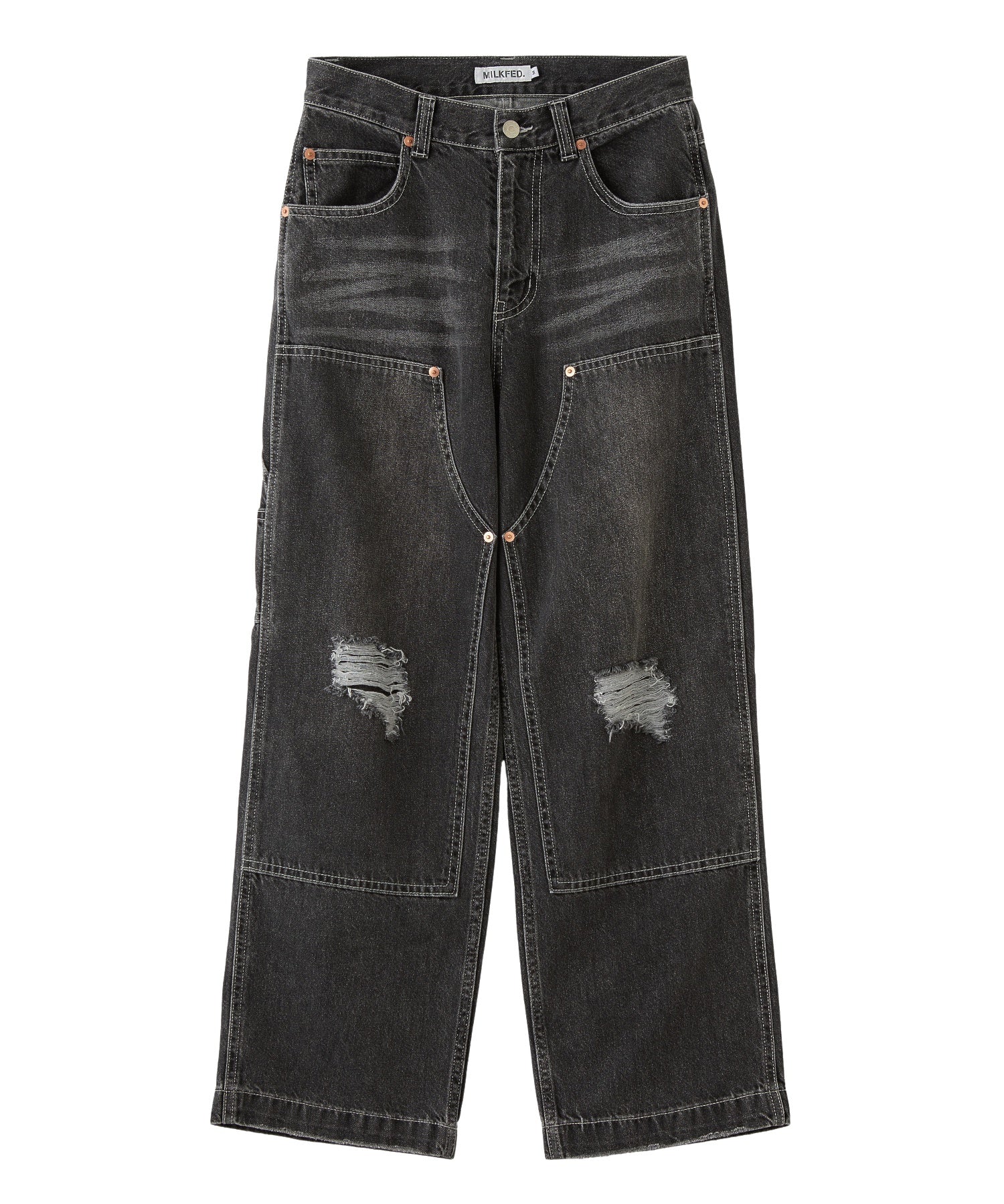 DOUBLE KNEE DISTRESSED DENIM PANTS