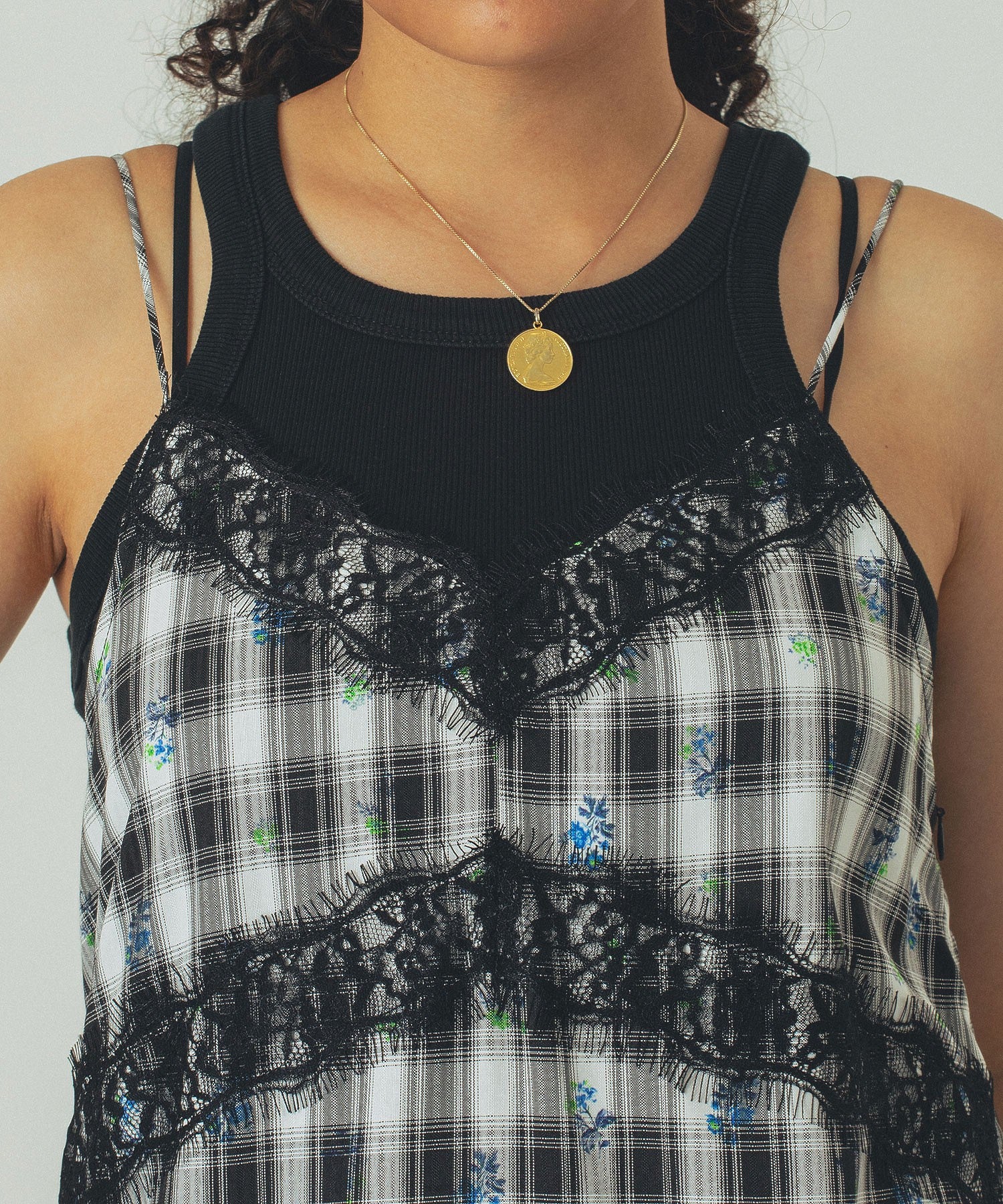 mag.by c/FLOWER PRINT CHECK CAMI DRESS