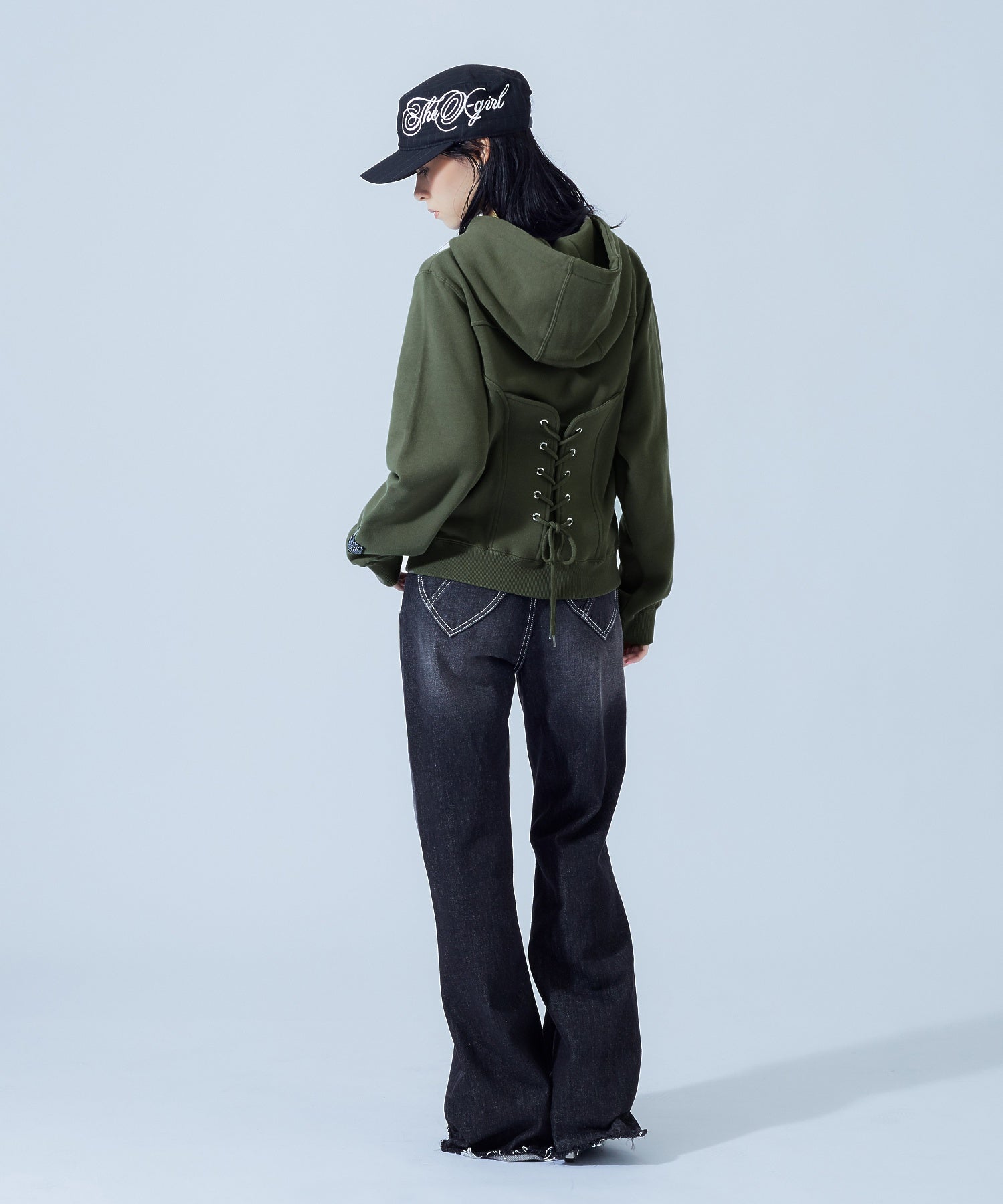 BACK LACE UP ZIP UP SWEAT HOODIE