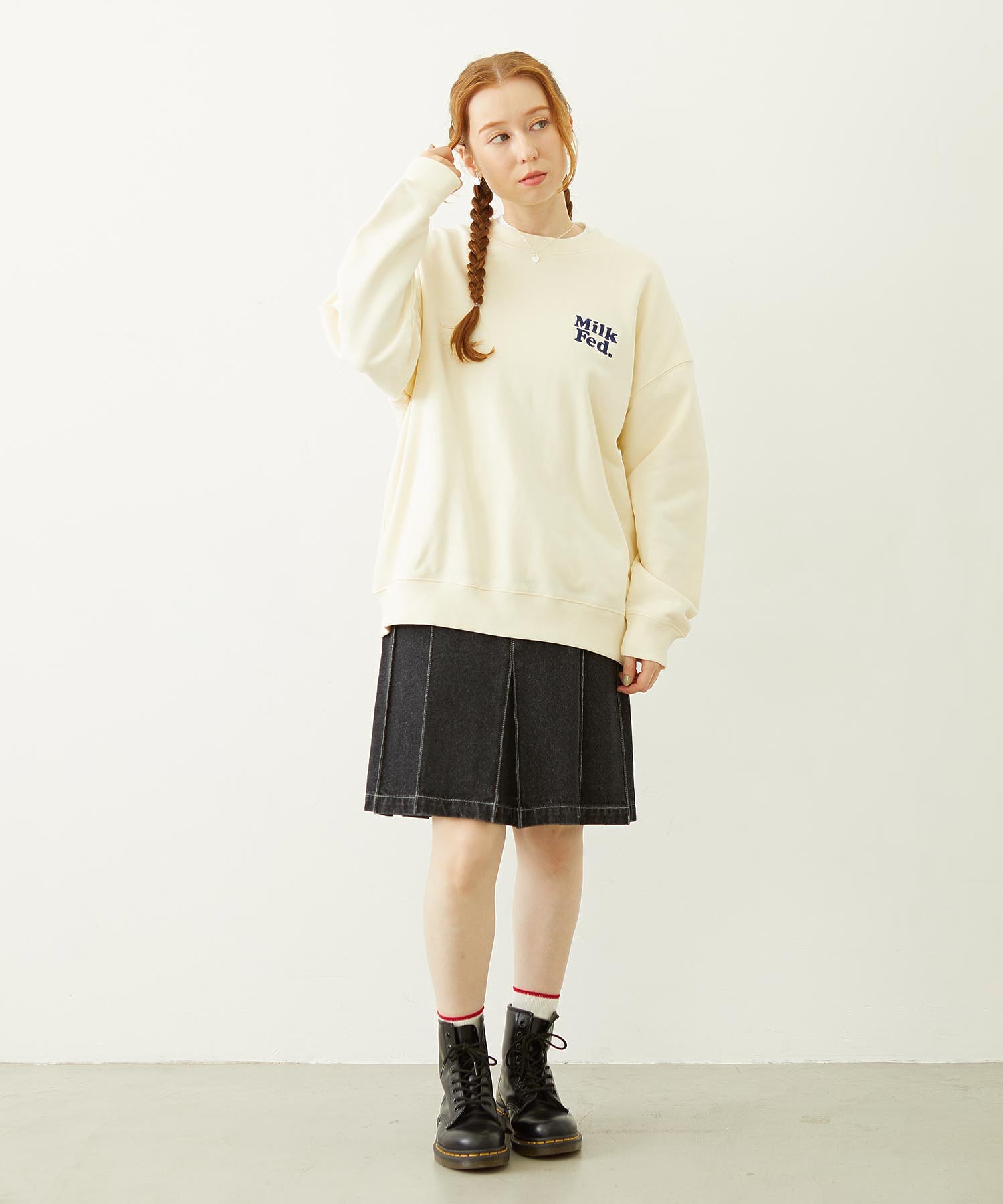 MILKFED. PLAID LOGO WIDE CREW SWEAT