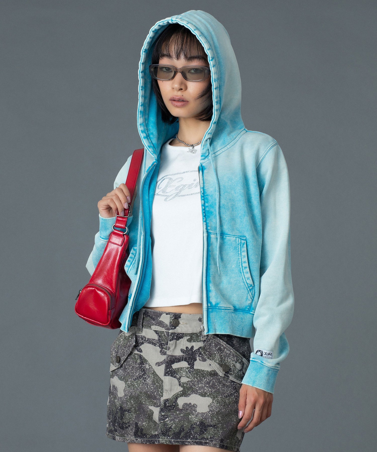 FACE LABEL WASHED COMPACT ZIP UP SWEAT HOODIE