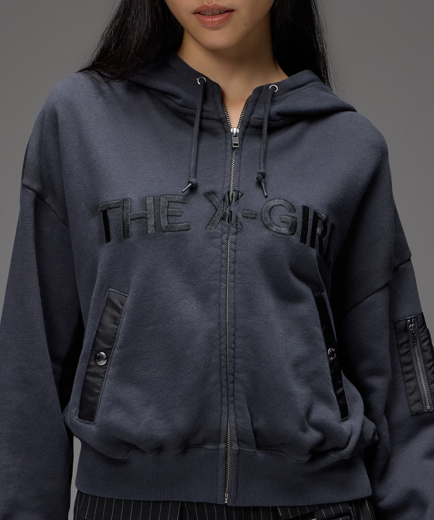 WOVEN MIX FUZZY LOGO ZIP UP SWEAT HOODIE