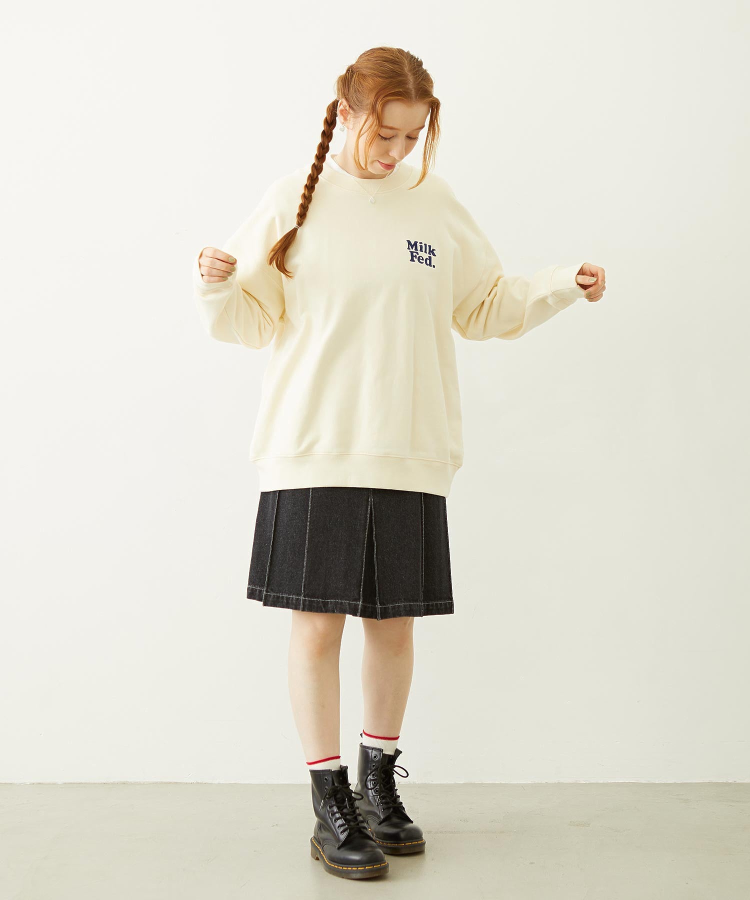 MILKFED. PLAID LOGO WIDE CREW SWEAT