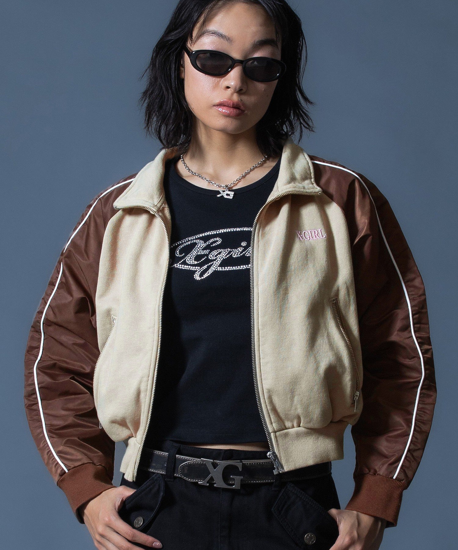WOVEN MIX SWEAT ZIP UP TOP