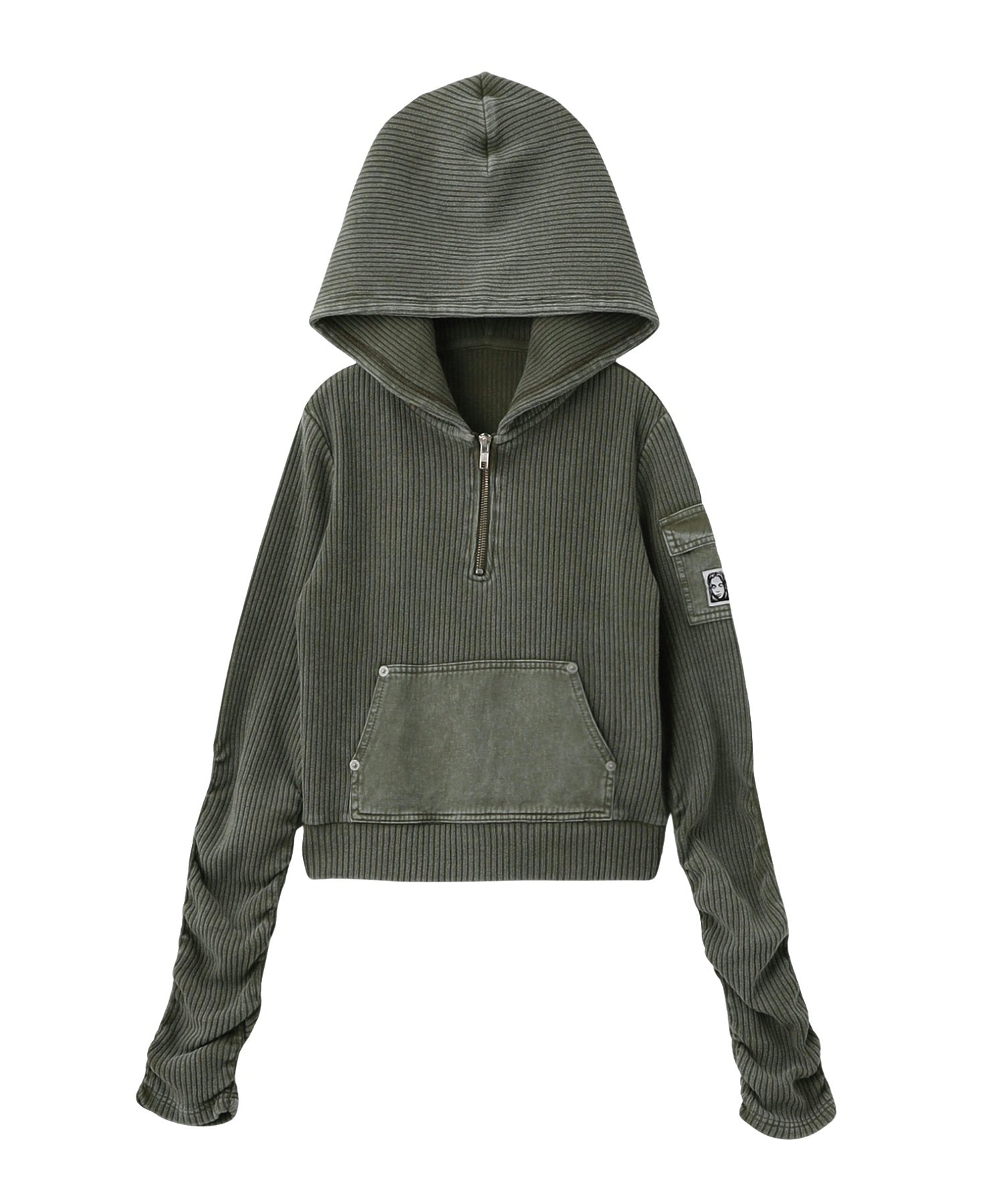 FADED WOVEN MIX HALF ZIP HOODED TOP