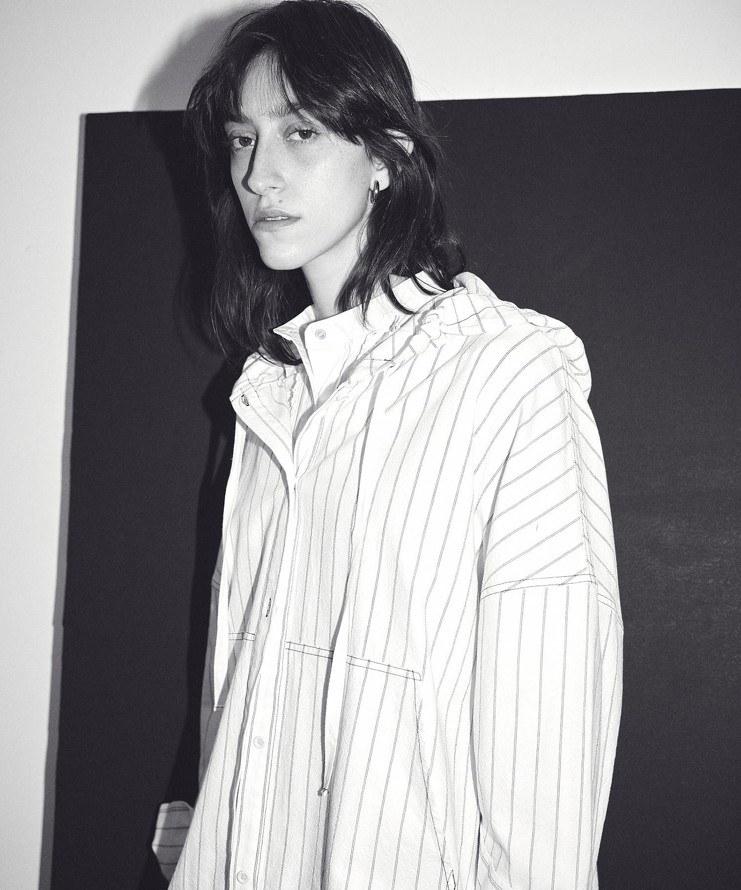 CREOLME/STRIPE HOODED BIG SHIRT