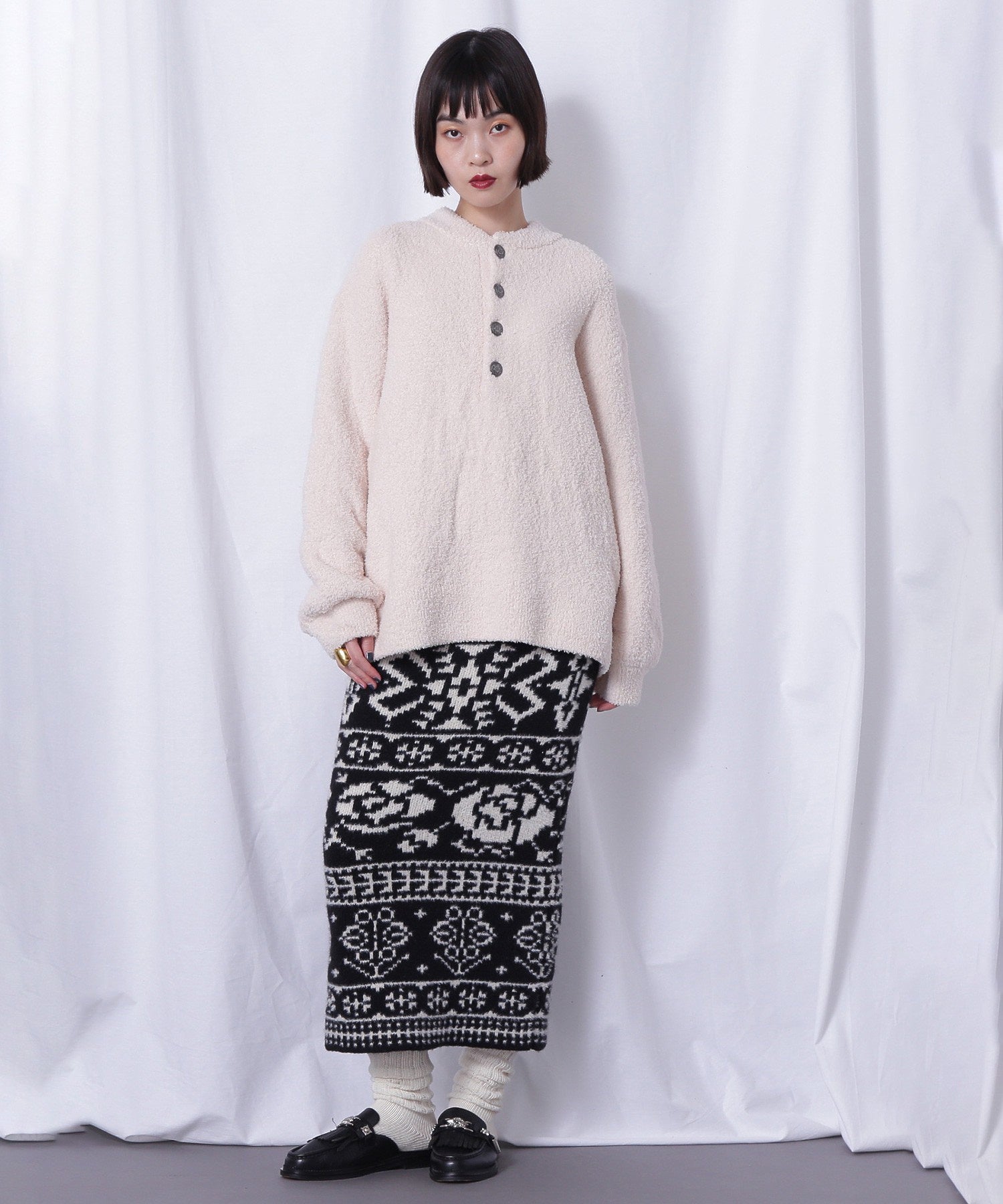 コンチョボタン モコモコ ヘンリーネックトップス