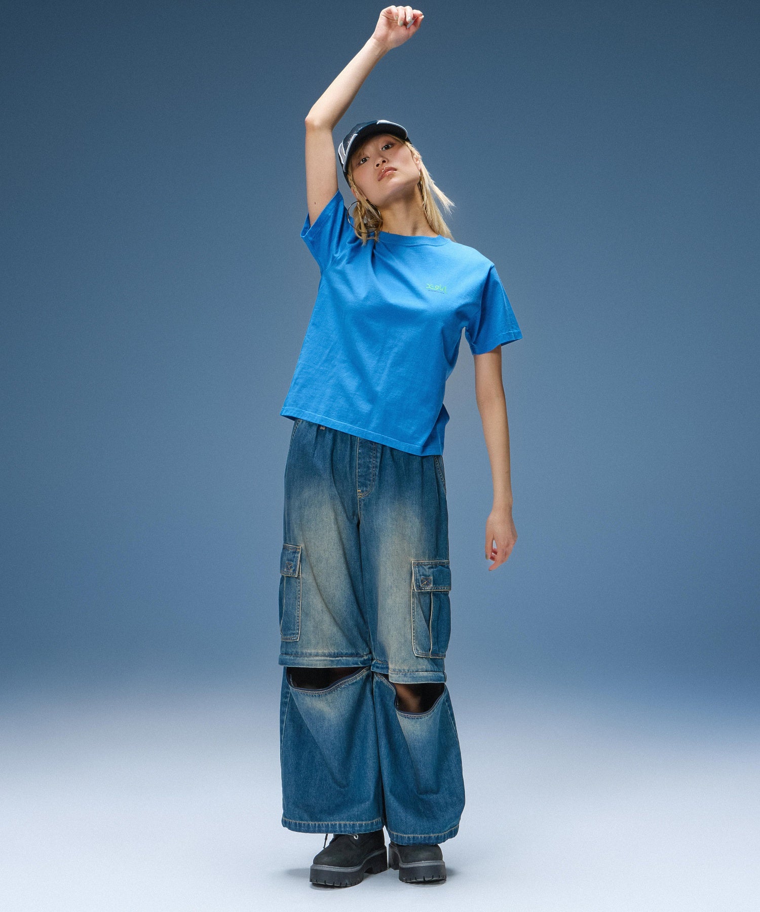 FADED 2WAY WIDE LEG DENIM CARGO PANTS