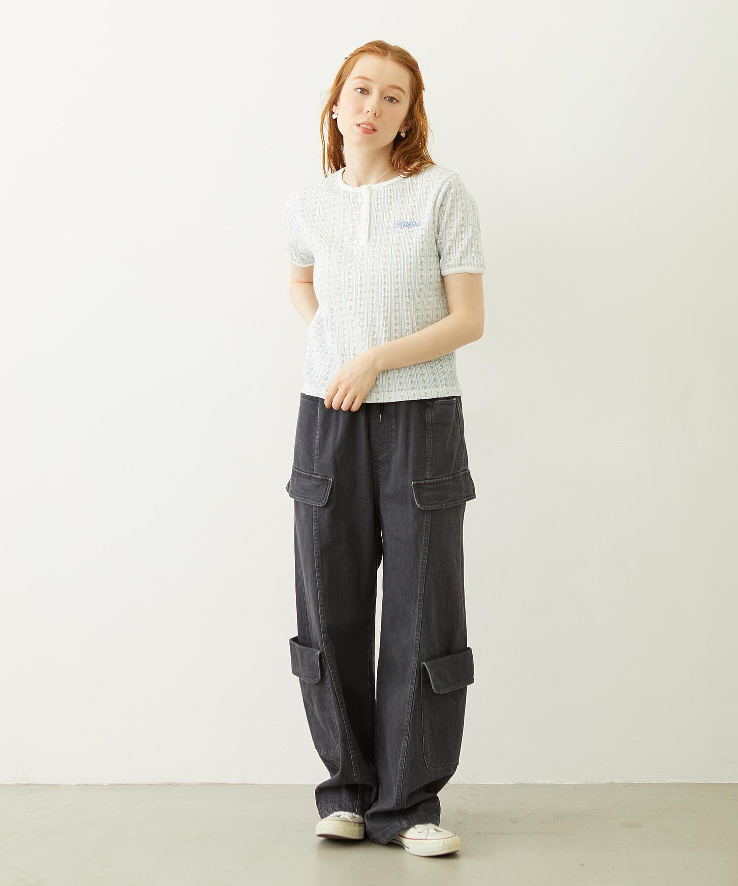 STRIPED FLOWER WAFFLE S/S TOP