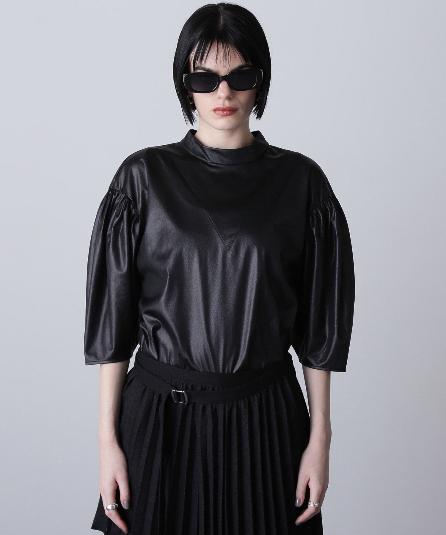 mici/VOLUME SLEEVE TRICOT CHIFFON TOP