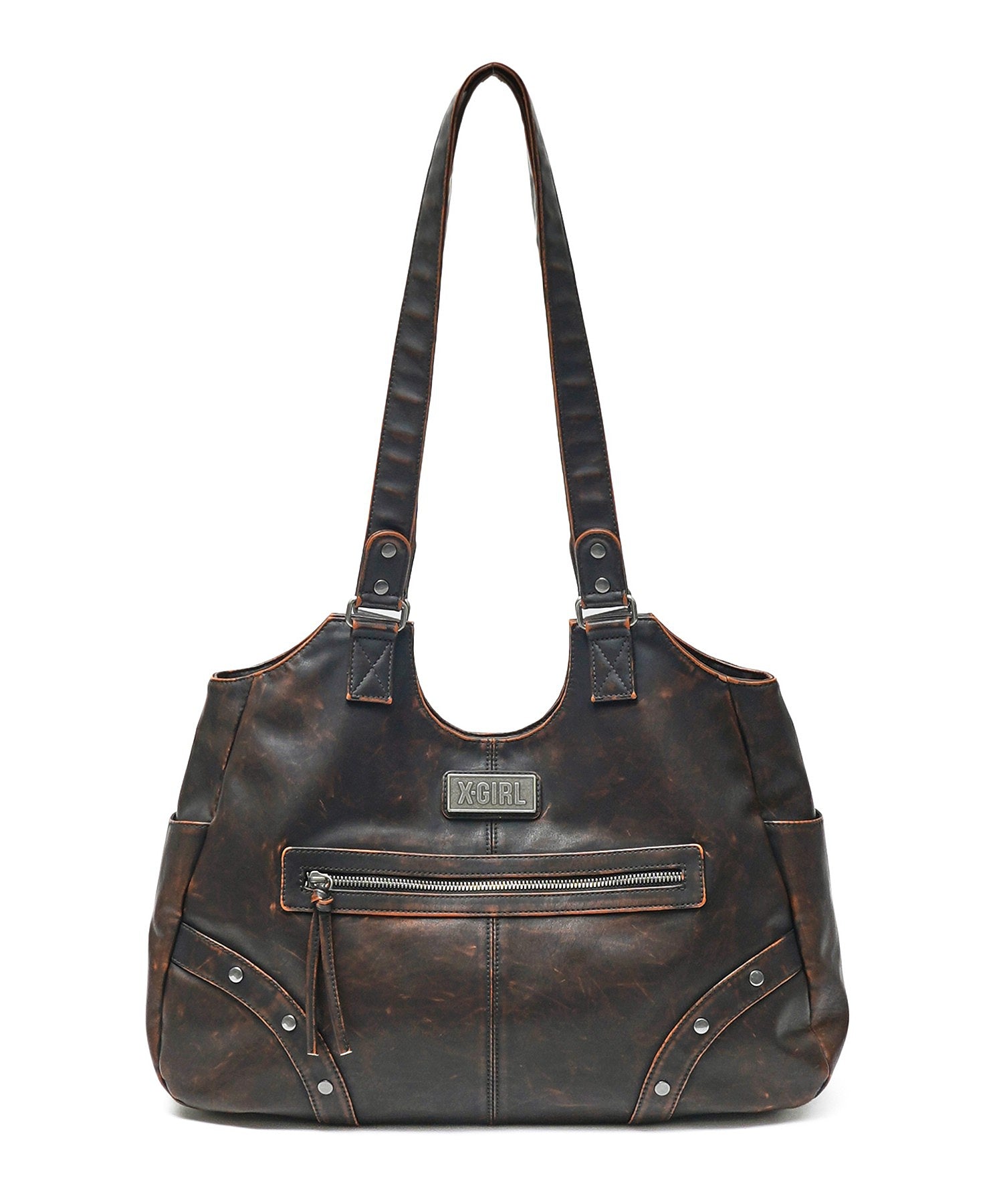 METAL LABEL FAUX LEATHER BAG