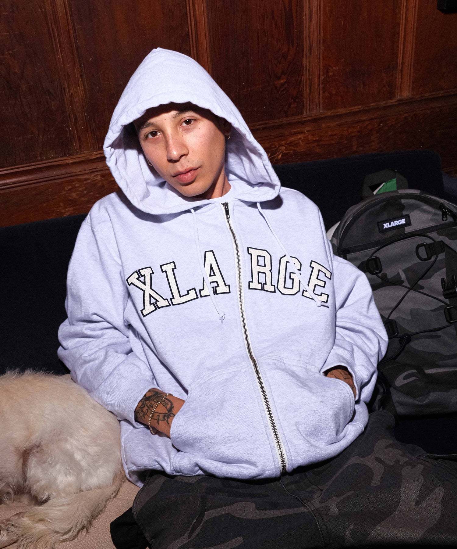 PERFORATED LEATHER LOGO ZIP UP HOODED SWEATSHIRT