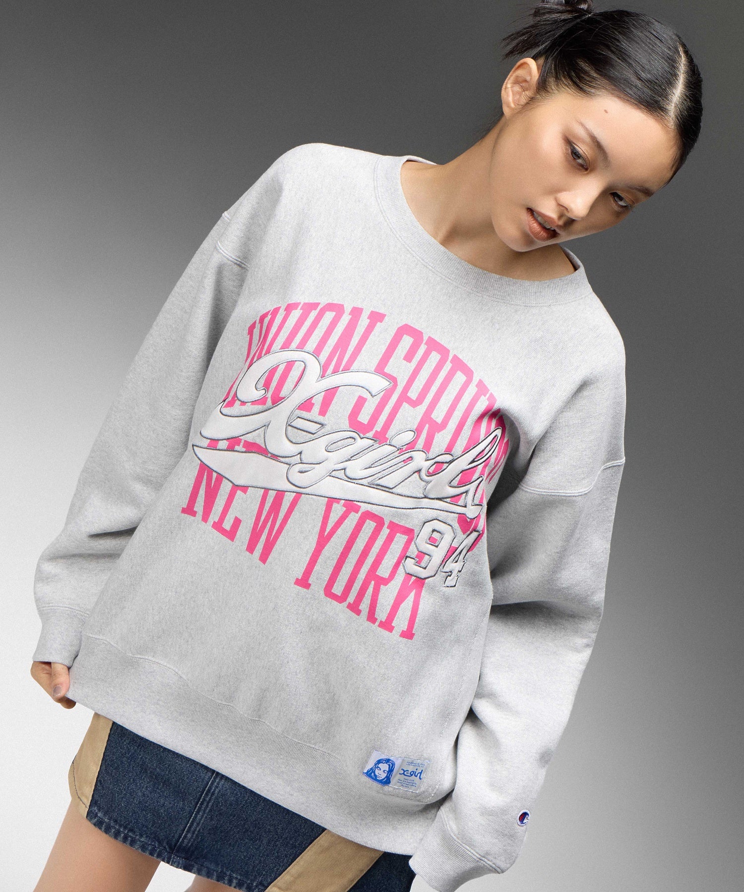 X-girl x Champion REVERSE WEAVE® PRINT AND PATCHED LOGO SWEATSHIRT